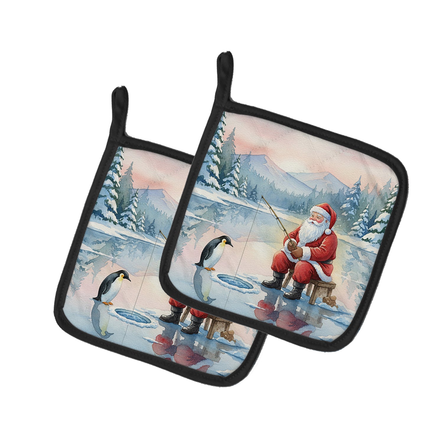 Caroline's Treasures Santa Claus Ice Fishing on the Lake Christmas Pair of Pot Holders