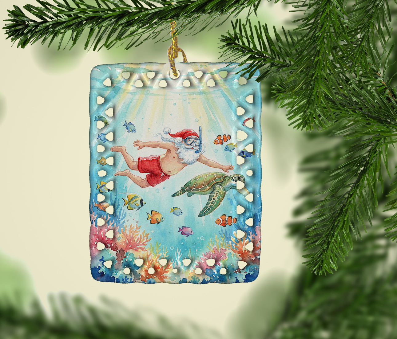 Caroline's Treasures Santa Claus Snorkeling with a Sea Turtle Christmas Porcelain Ornament