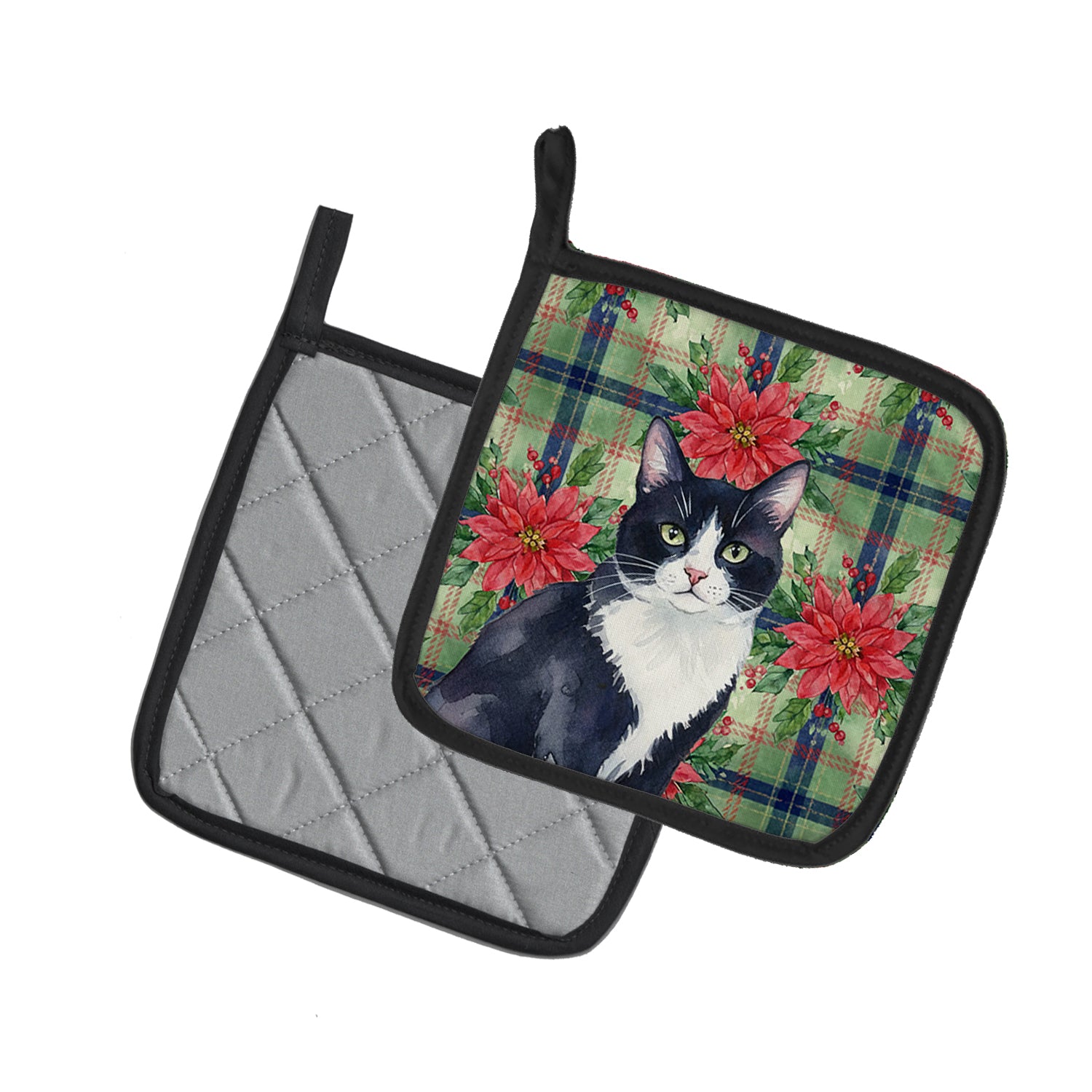 Caroline's Treasures Black and White Tuxedo Cat with Poinsettias Pair of Pot Holders