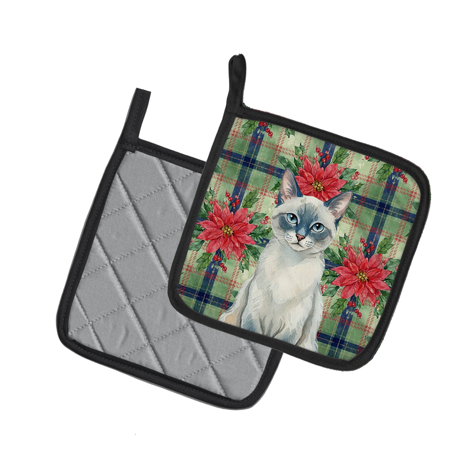 Caroline's Treasures Blue Point Cat with Poinsettias Pair of Pot Holders