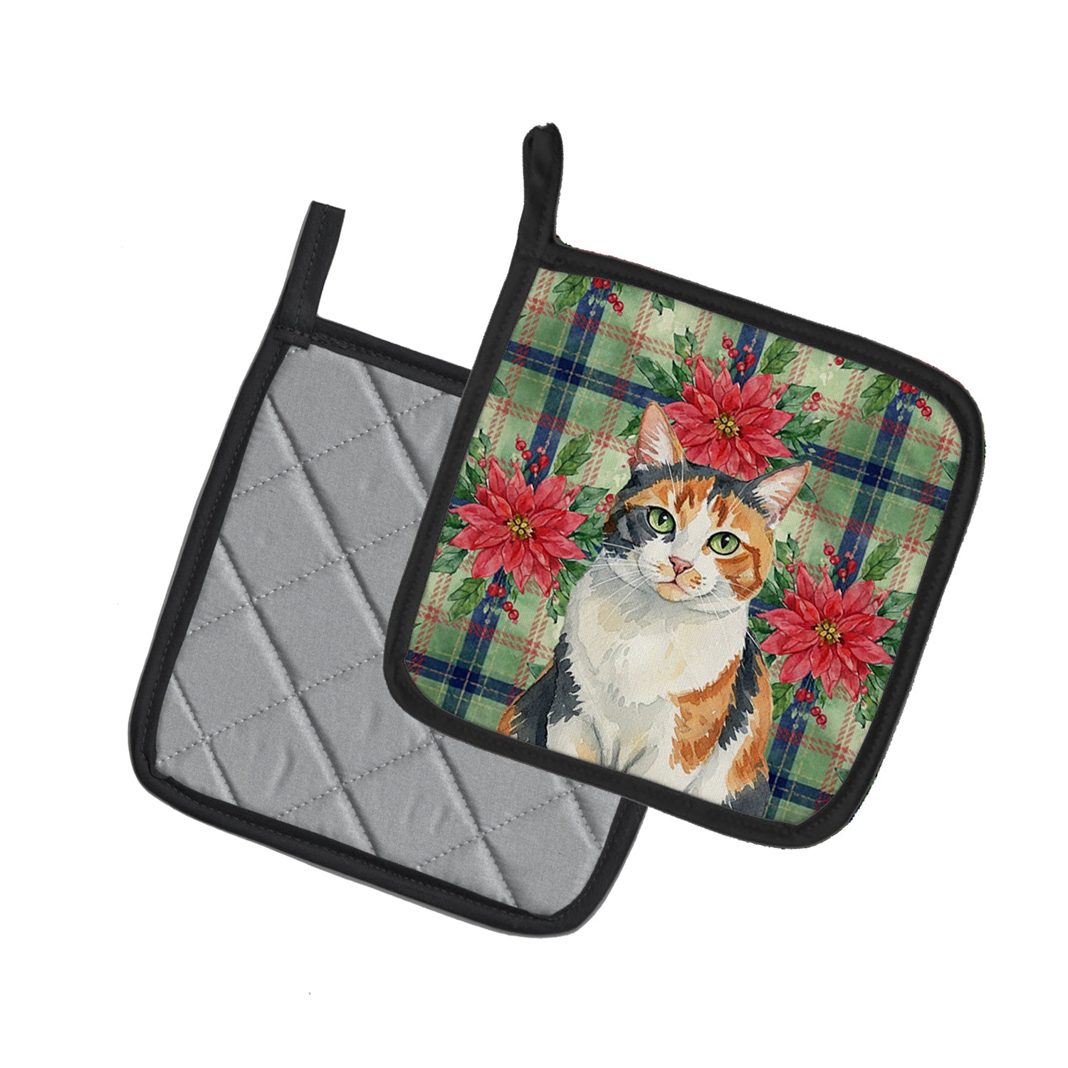 Caroline's Treasures Calico Cat with Poinsettias Pair of Pot Holders