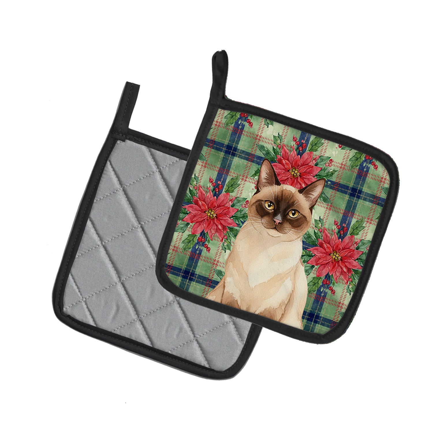 Caroline's Treasures Chocolate Point Cat with Poinsettias Pair of Pot Holders