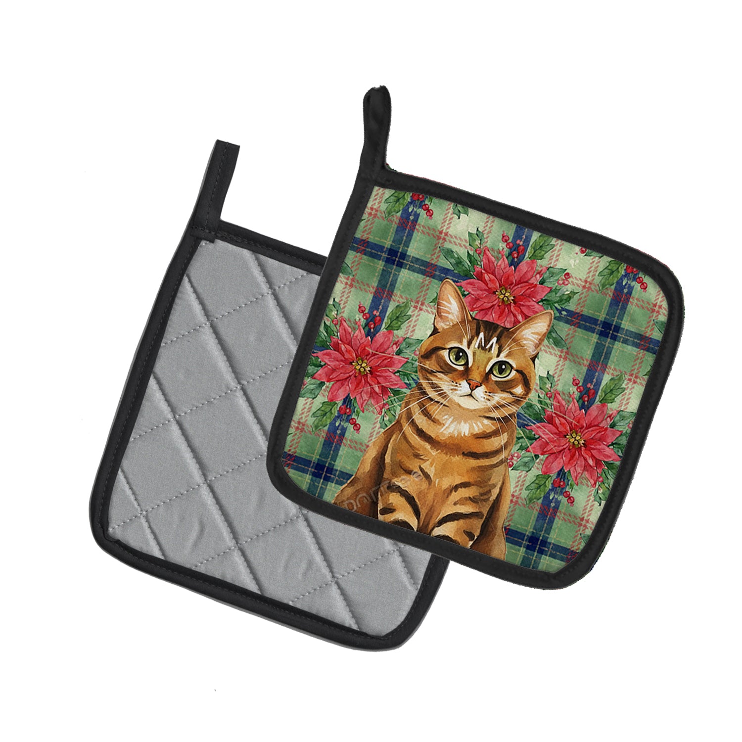 Caroline's Treasures Classic Tabby Brown Cat with Poinsettias Pair of Pot Holders