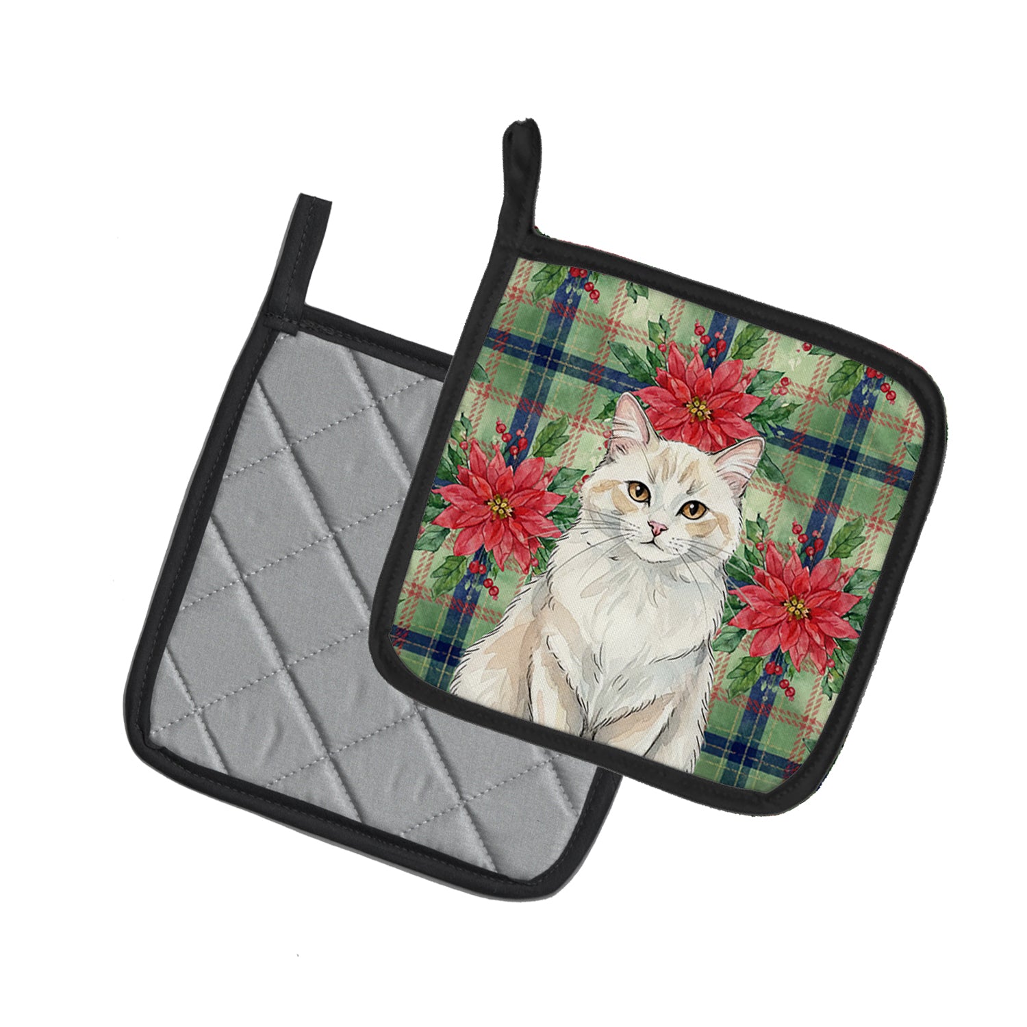 Caroline's Treasures Cream and White Cat with Poinsettias Pair of Pot Holders