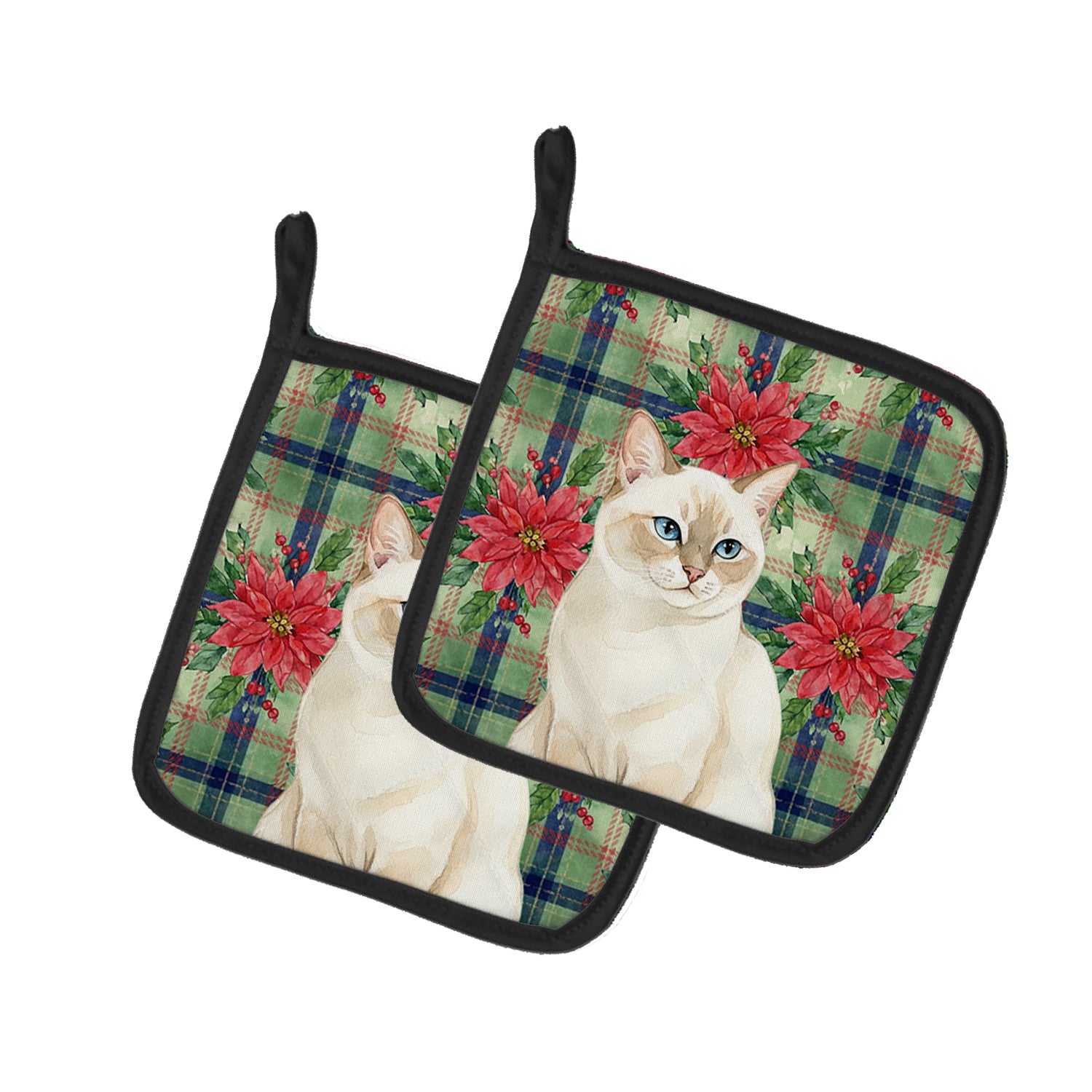 Caroline's Treasures Cream Point Cat with Poinsettias Pair of Pot Holders