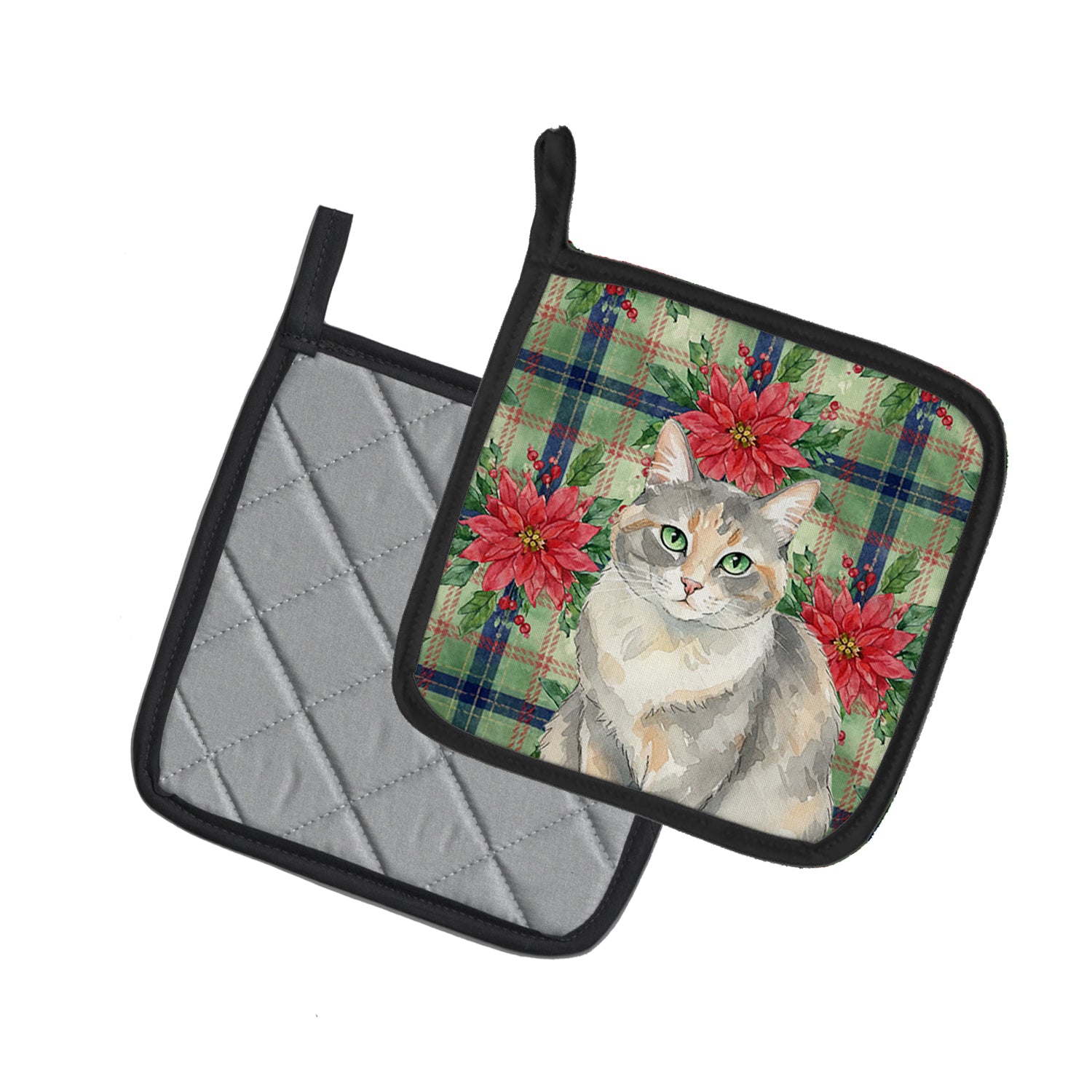 Caroline's Treasures Dilute Tortoiseshell Cat with Poinsettias Pair of Pot Holders