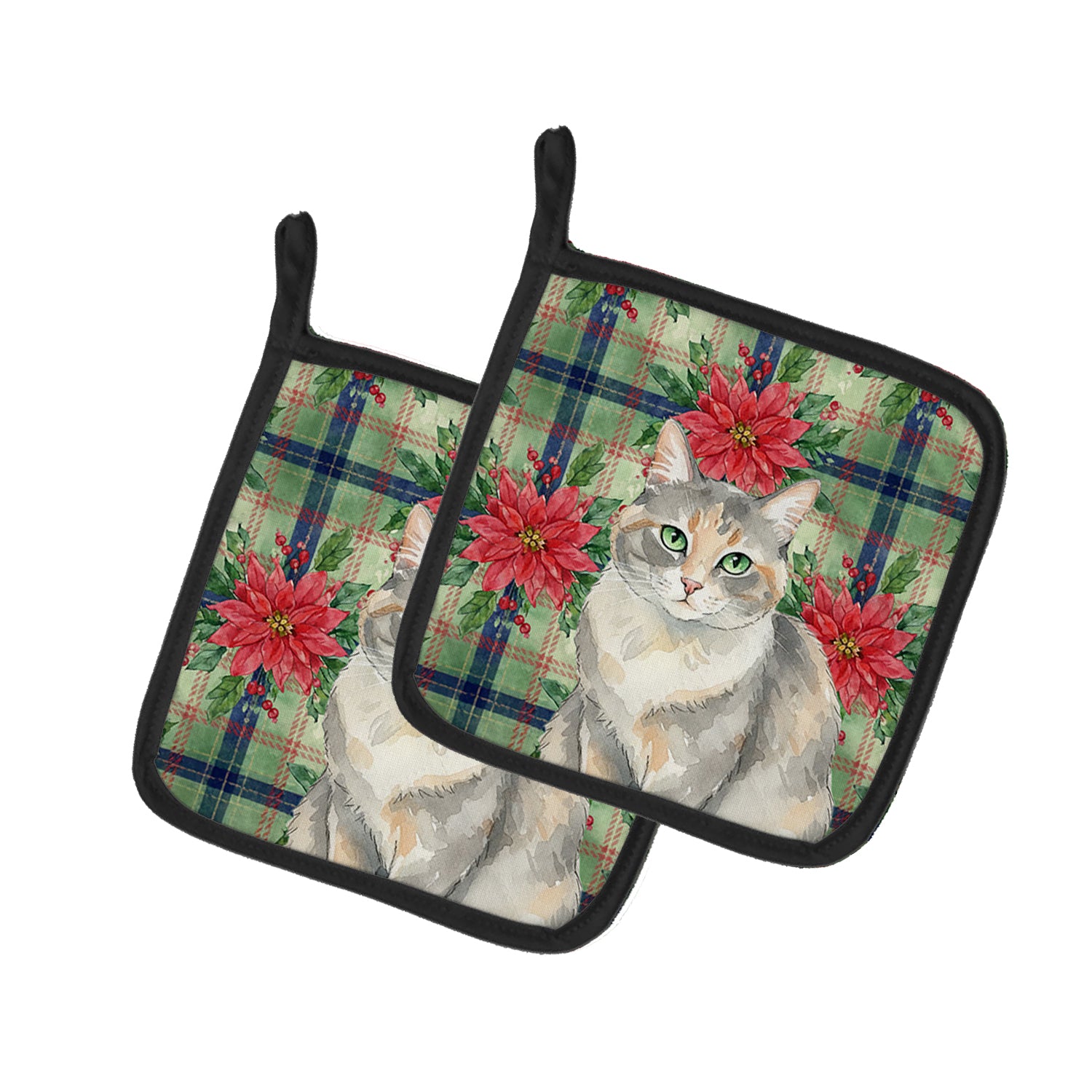 Caroline's Treasures Dilute Tortoiseshell Cat with Poinsettias Pair of Pot Holders