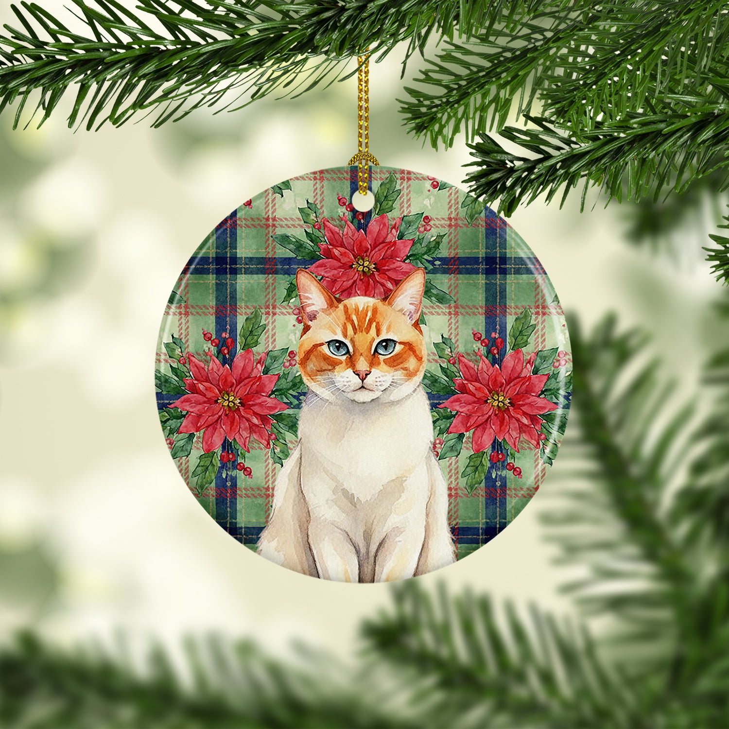 Caroline's Treasures Flame Point Cat with Poinsettias Ceramic Ornament