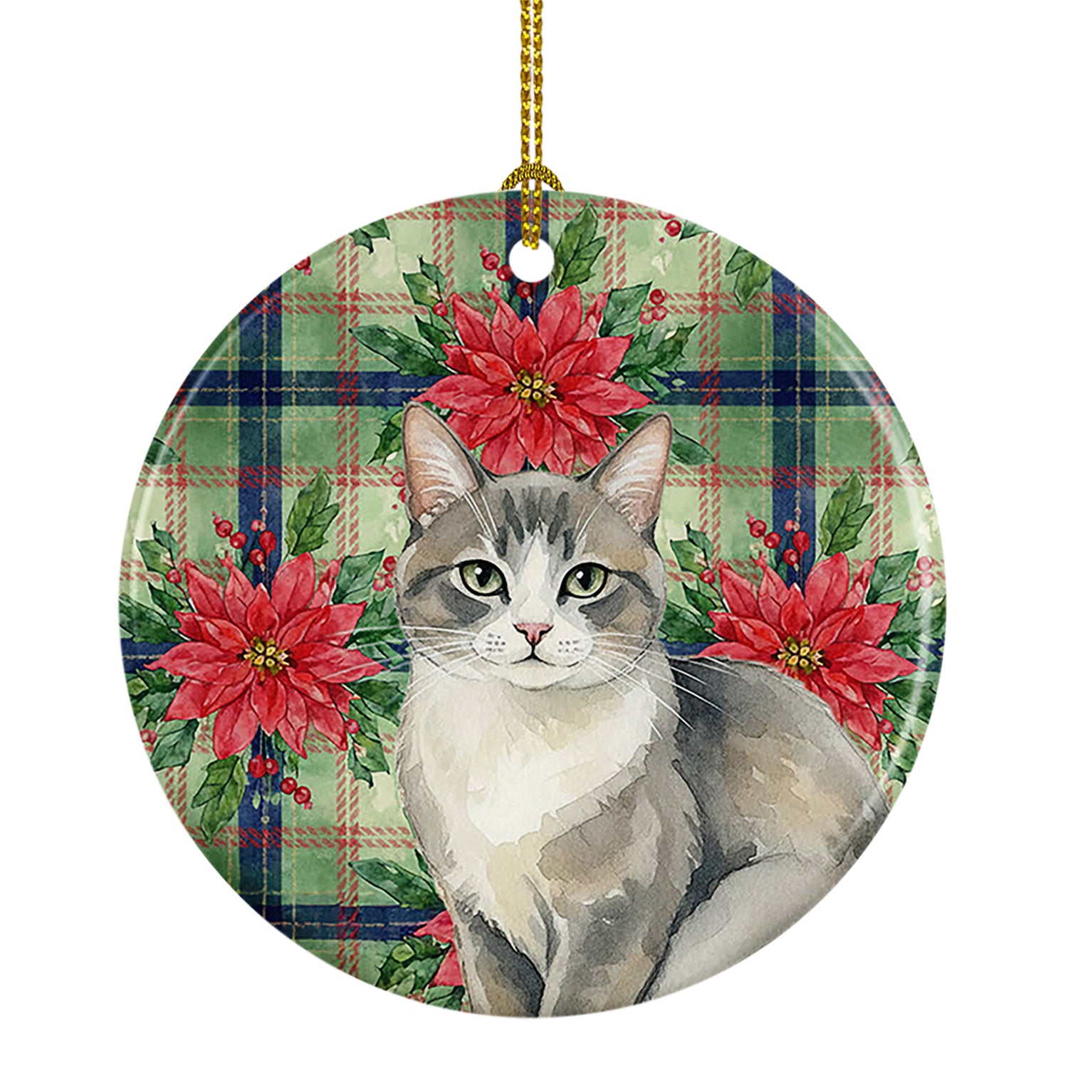 Caroline's Treasures Gray and White Cat with Poinsettias Ceramic Ornament