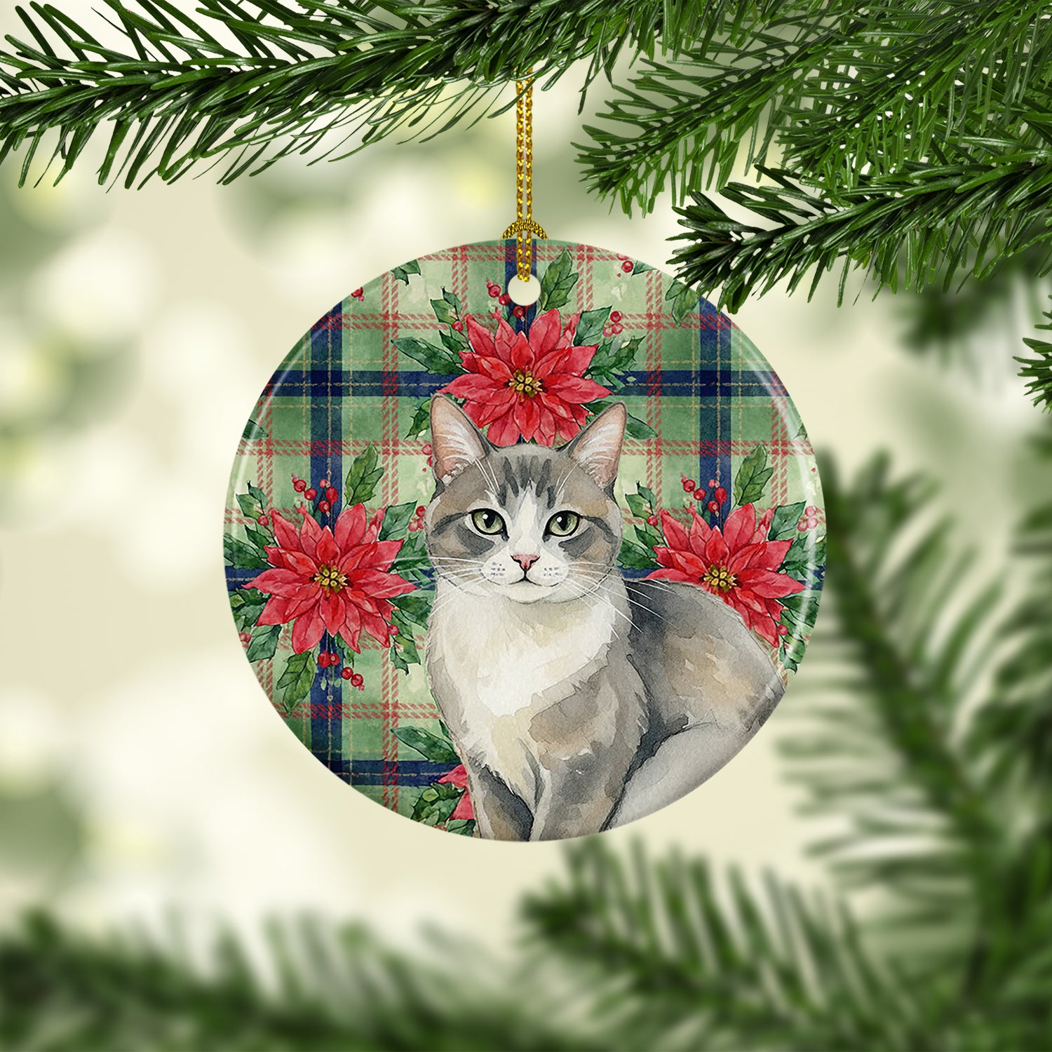 Caroline's Treasures Gray and White Cat with Poinsettias Ceramic Ornament