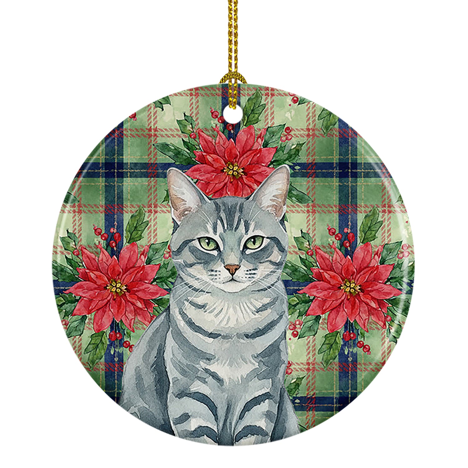 Caroline's Treasures Gray Mackerel Tabby Cat with Poinsettias Ceramic Ornament