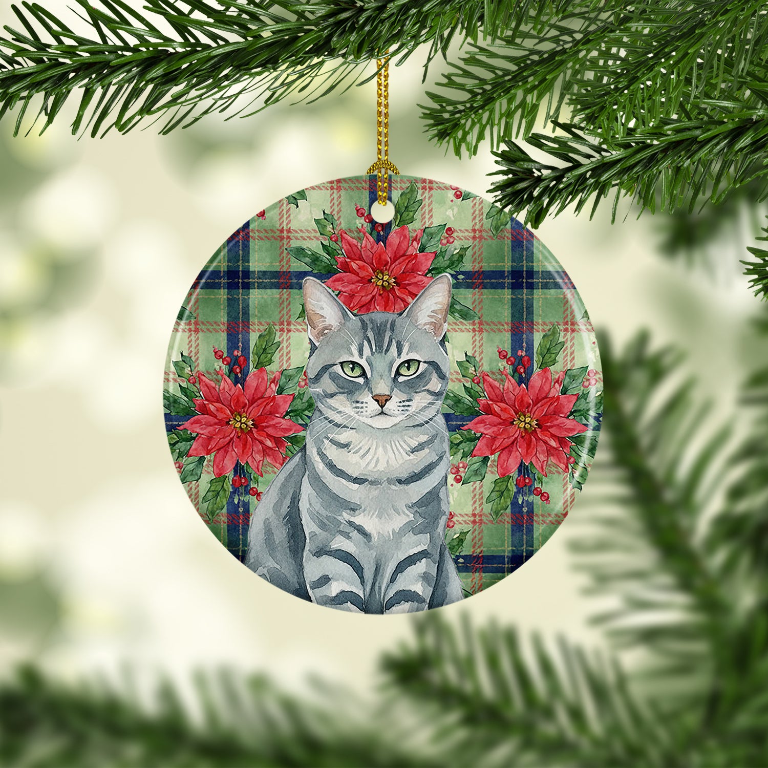 Caroline's Treasures Gray Mackerel Tabby Cat with Poinsettias Ceramic Ornament