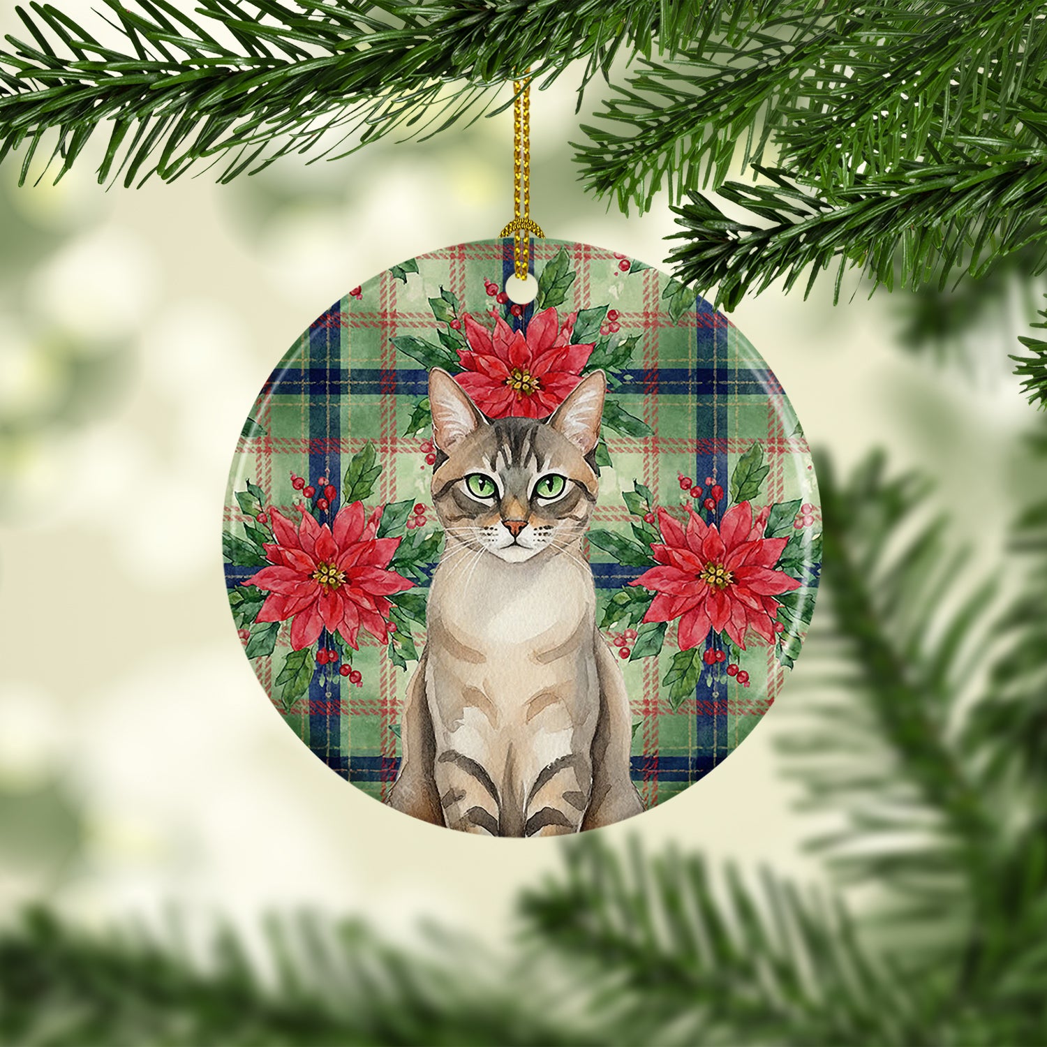 Caroline's Treasures Lynx Point Tabby Cat with Poinsettias Ceramic Ornament