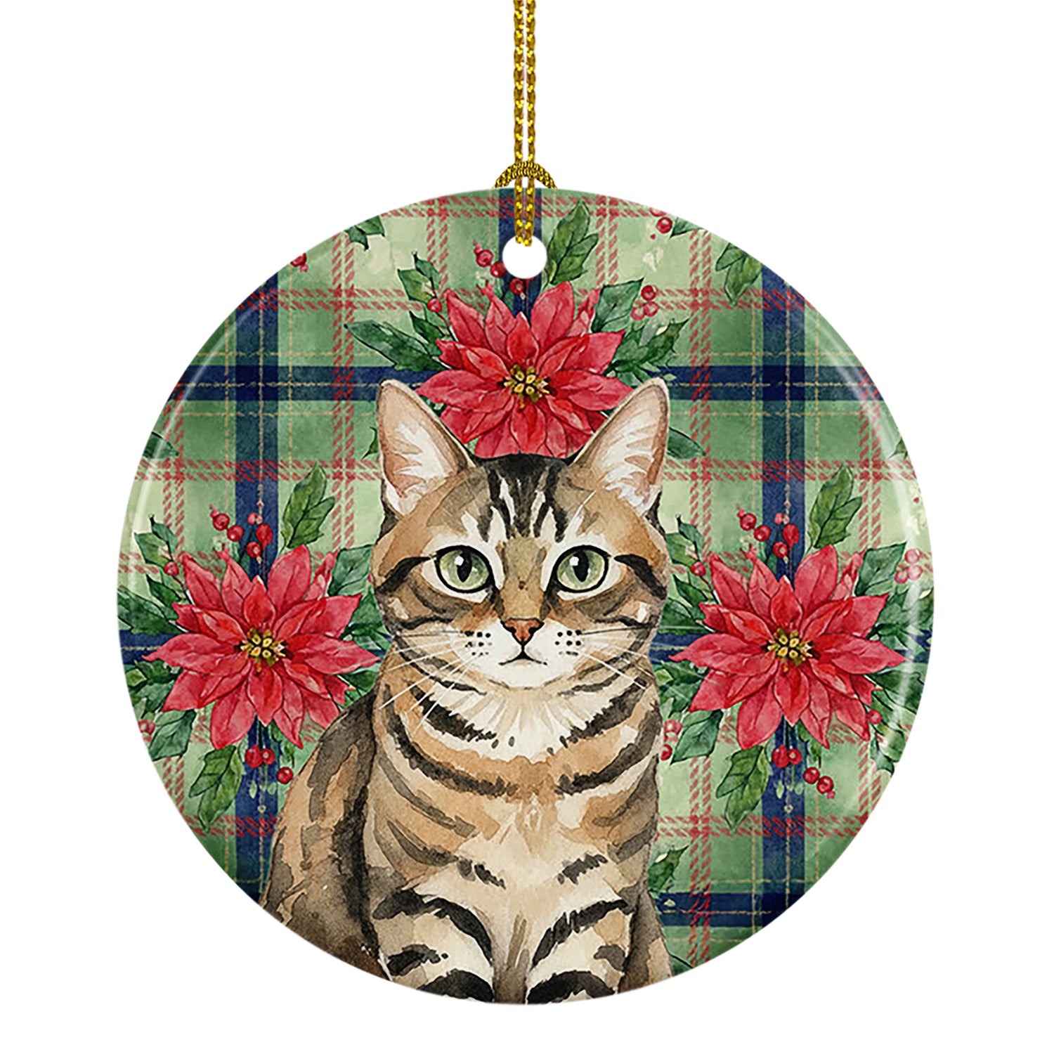 Caroline's Treasures Mackerel Tabby Brown Cat with Poinsettias Ceramic Ornament