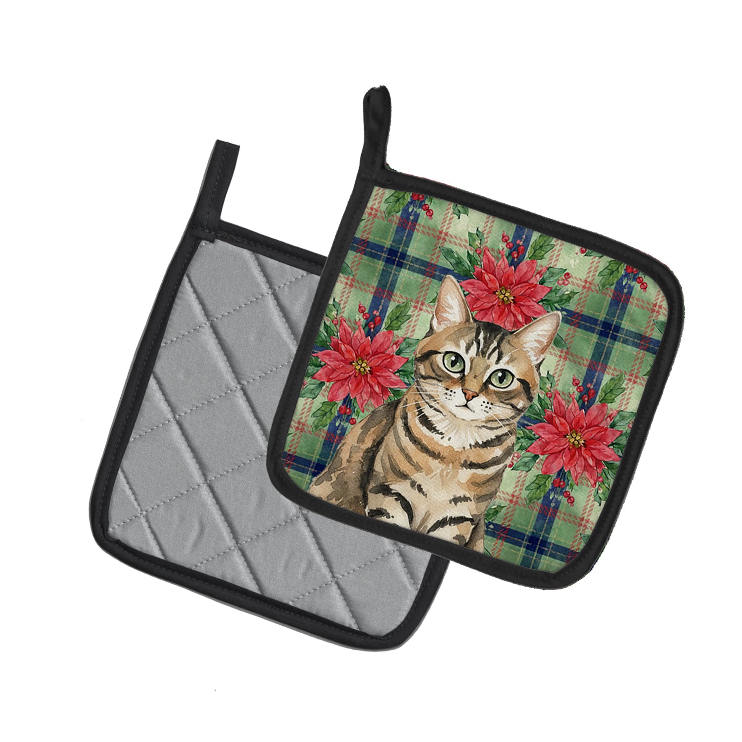 Caroline's Treasures Mackerel Tabby Brown Cat with Poinsettias Pair of Pot Holders