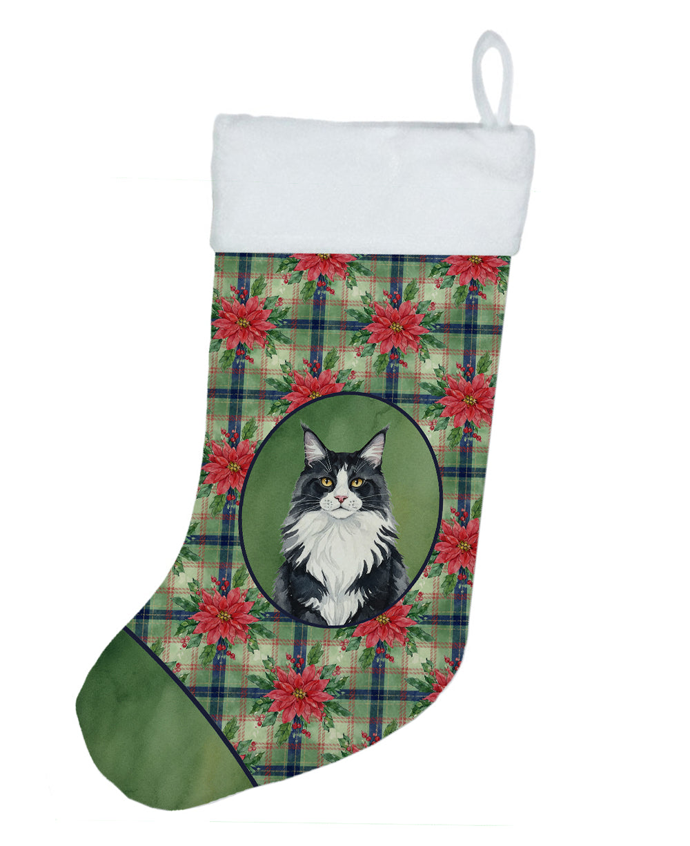 Caroline's Treasures MaineCoon Black and White Cat with Poinsettias Holiday Stocking