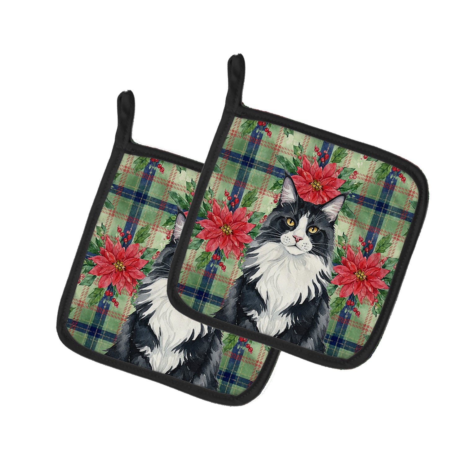 Caroline's Treasures MaineCoon Black and White Cat with Poinsettias Pair of Pot Holders