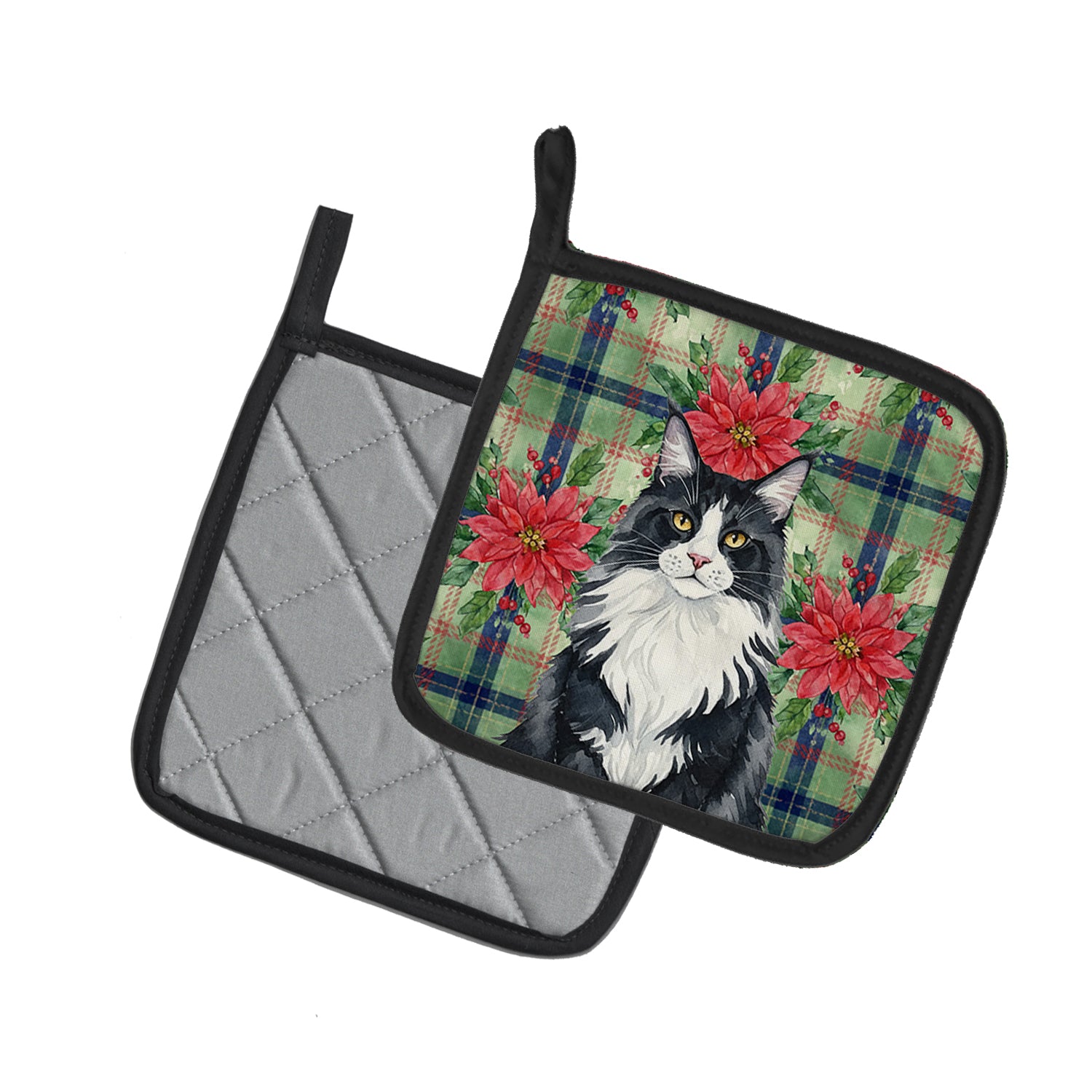 Caroline's Treasures MaineCoon Black and White Cat with Poinsettias Pair of Pot Holders