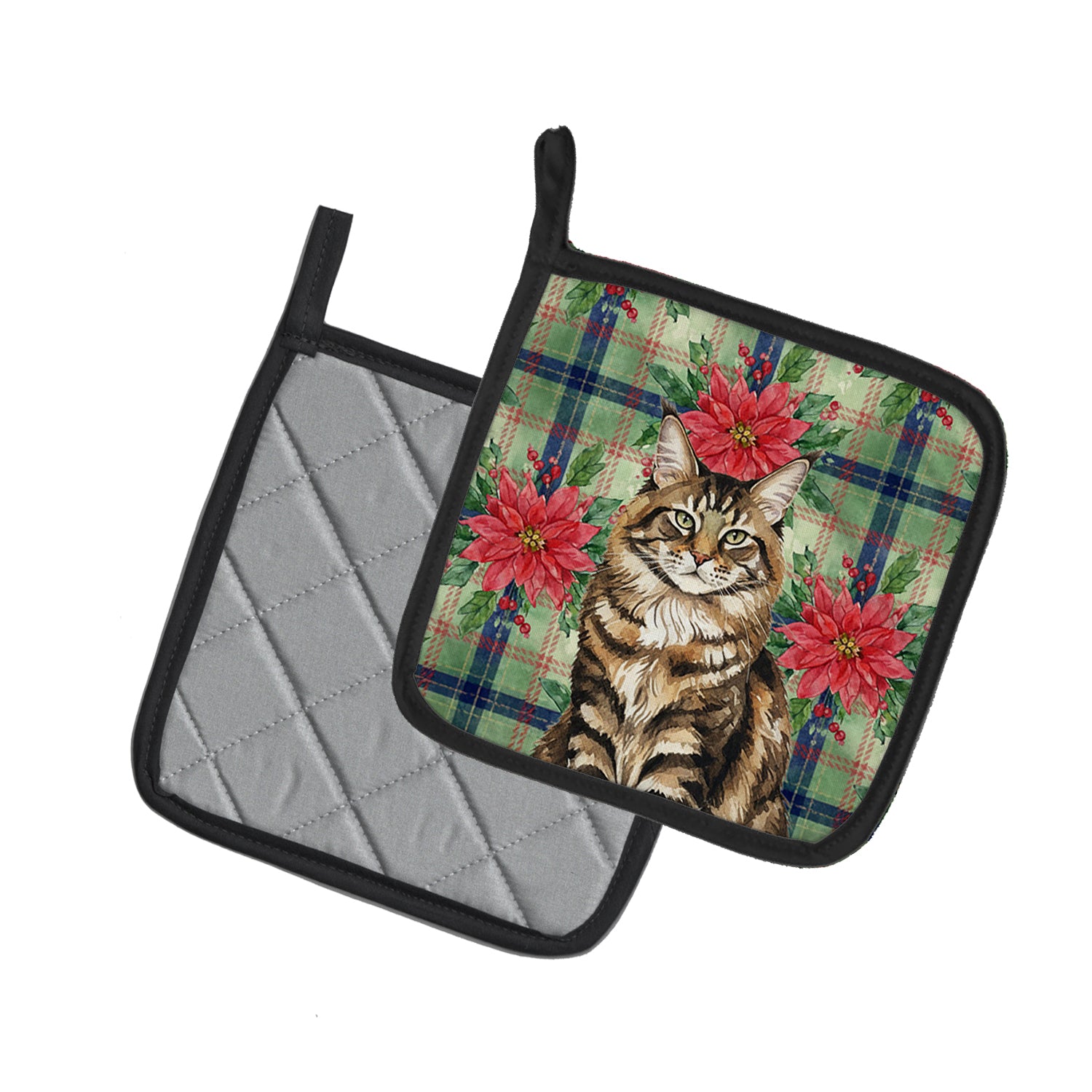 Caroline's Treasures MaineCoon Brown Tabby Cat with Poinsettias Pair of Pot Holders
