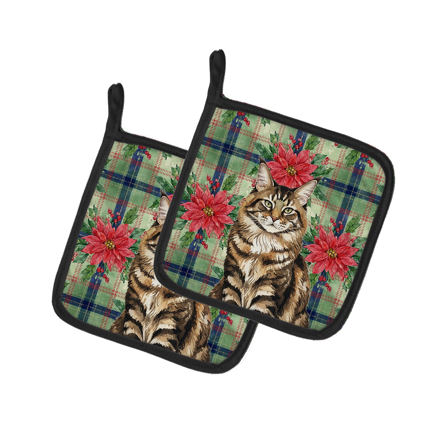 Caroline's Treasures MaineCoon Brown Tabby Cat with Poinsettias Pair of Pot Holders