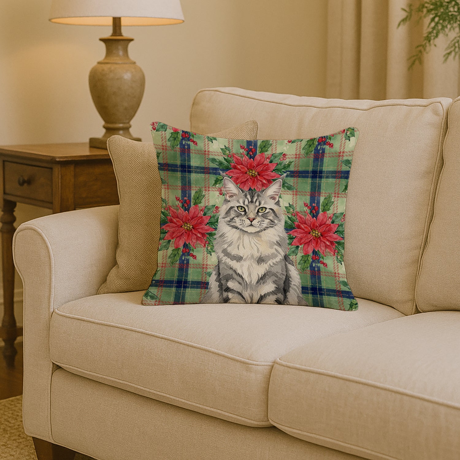 Caroline's Treasures MaineCoon Silver Tabby Cat with Poinsettias Throw Pillow