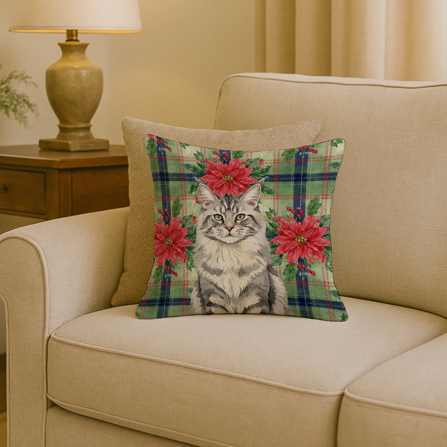 Caroline's Treasures MaineCoon Silver Tabby Cat with Poinsettias Throw Pillow