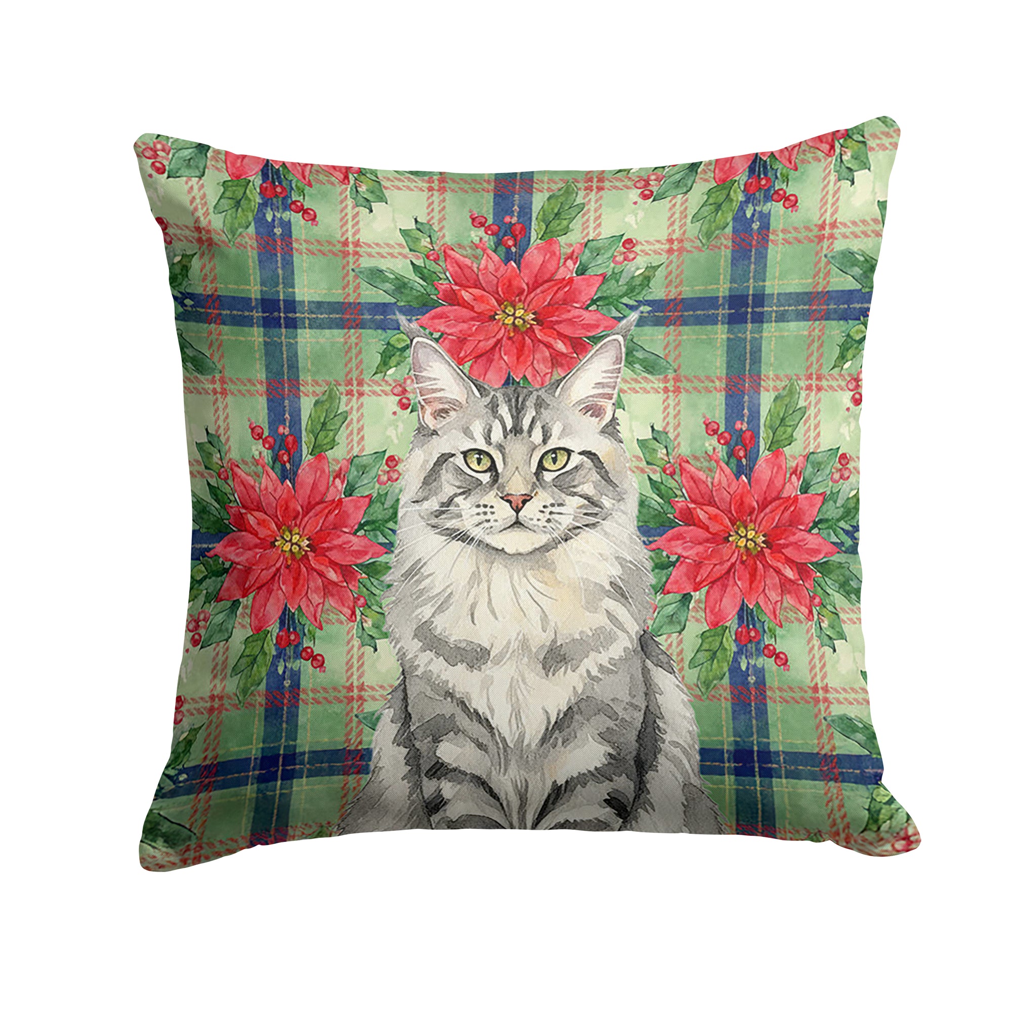 Caroline's Treasures MaineCoon Silver Tabby Cat with Poinsettias Throw Pillow