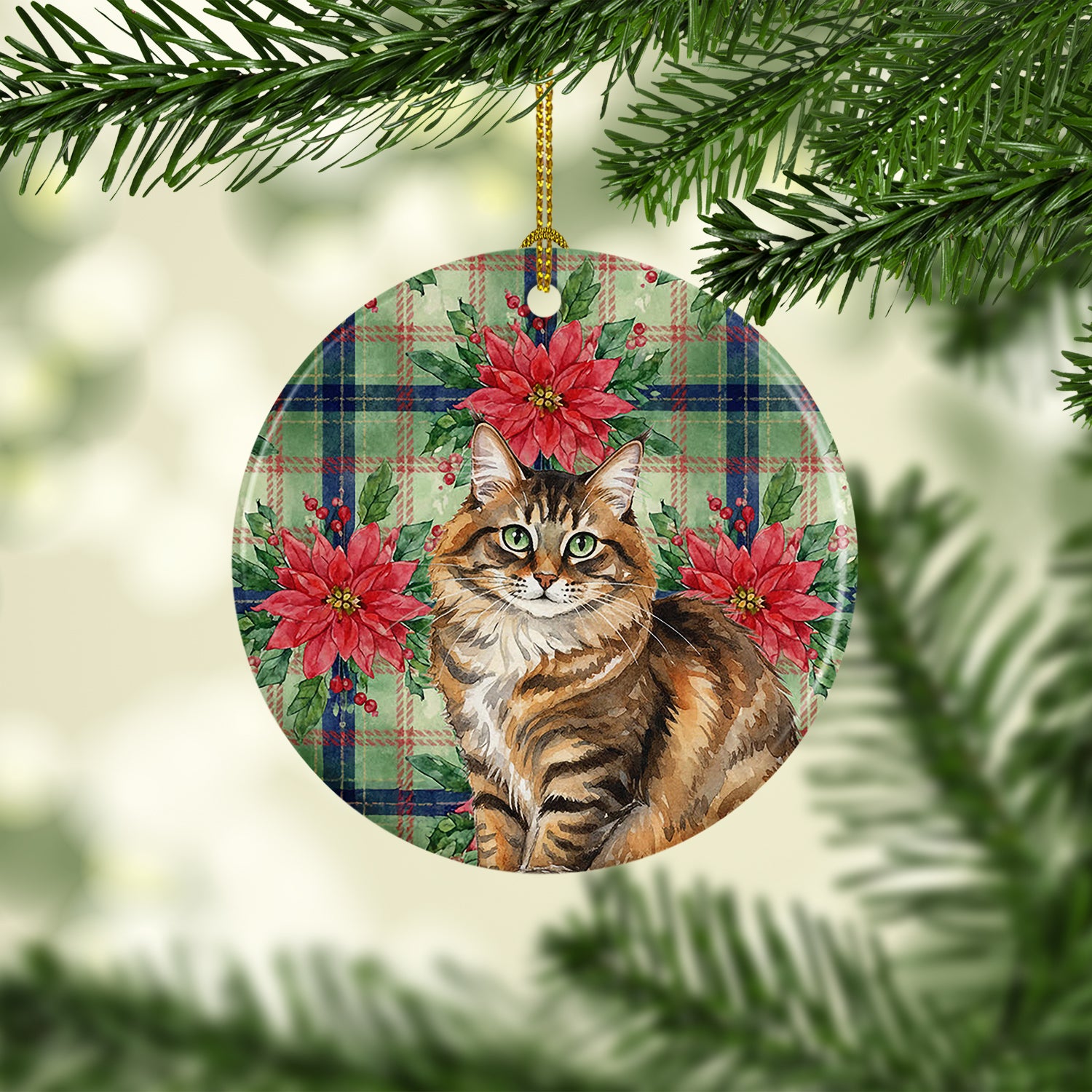 Caroline's Treasures Norwegian Forest Cat Brown Tabby Cat with Poinsettias Ceramic Ornament