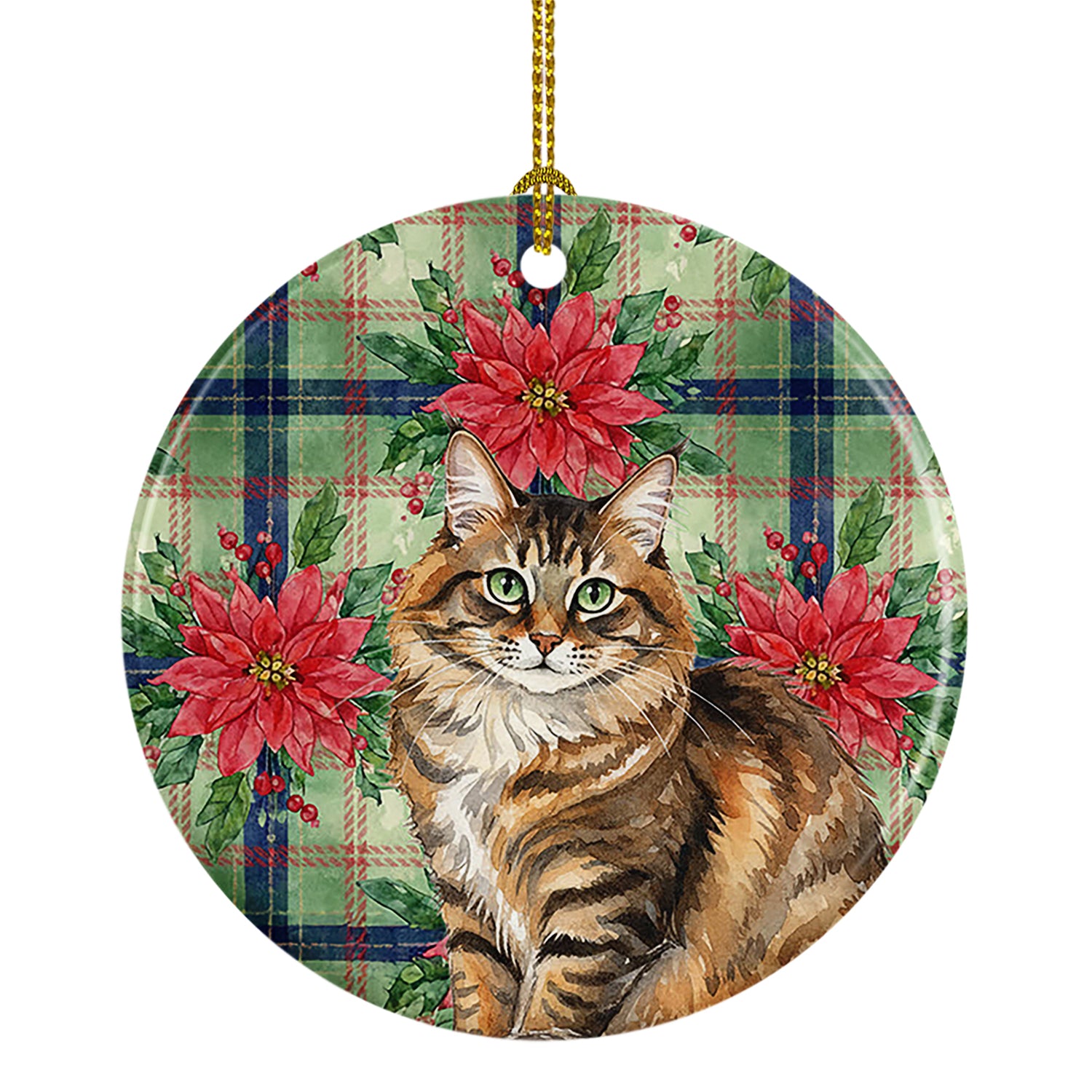 Caroline's Treasures Norwegian Forest Cat Brown Tabby Cat with Poinsettias Ceramic Ornament