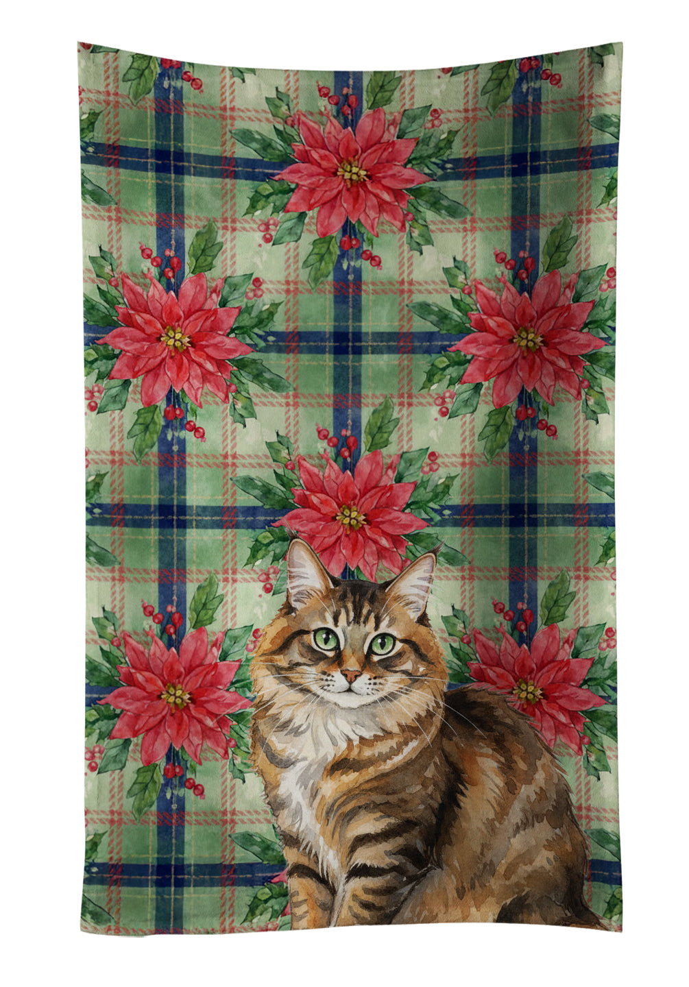 Caroline's Treasures Norwegian Forest Cat Brown Tabby Cat with Poinsettias Kitchen Towel