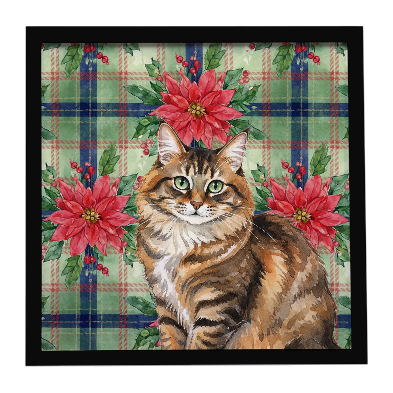Caroline's Treasures Norwegian Forest Cat Brown Tabby Cat with Poinsettias Framed Metal Print