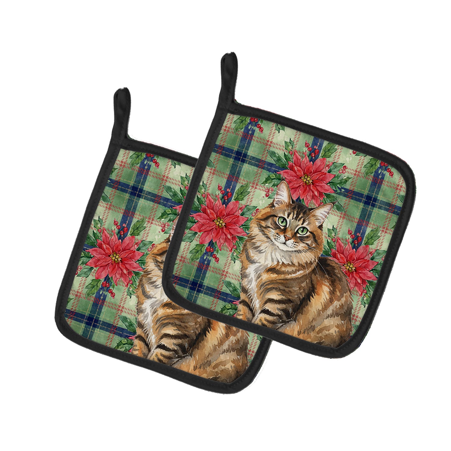 Caroline's Treasures Norwegian Forest Cat Brown Tabby Cat with Poinsettias Pair of Pot Holders
