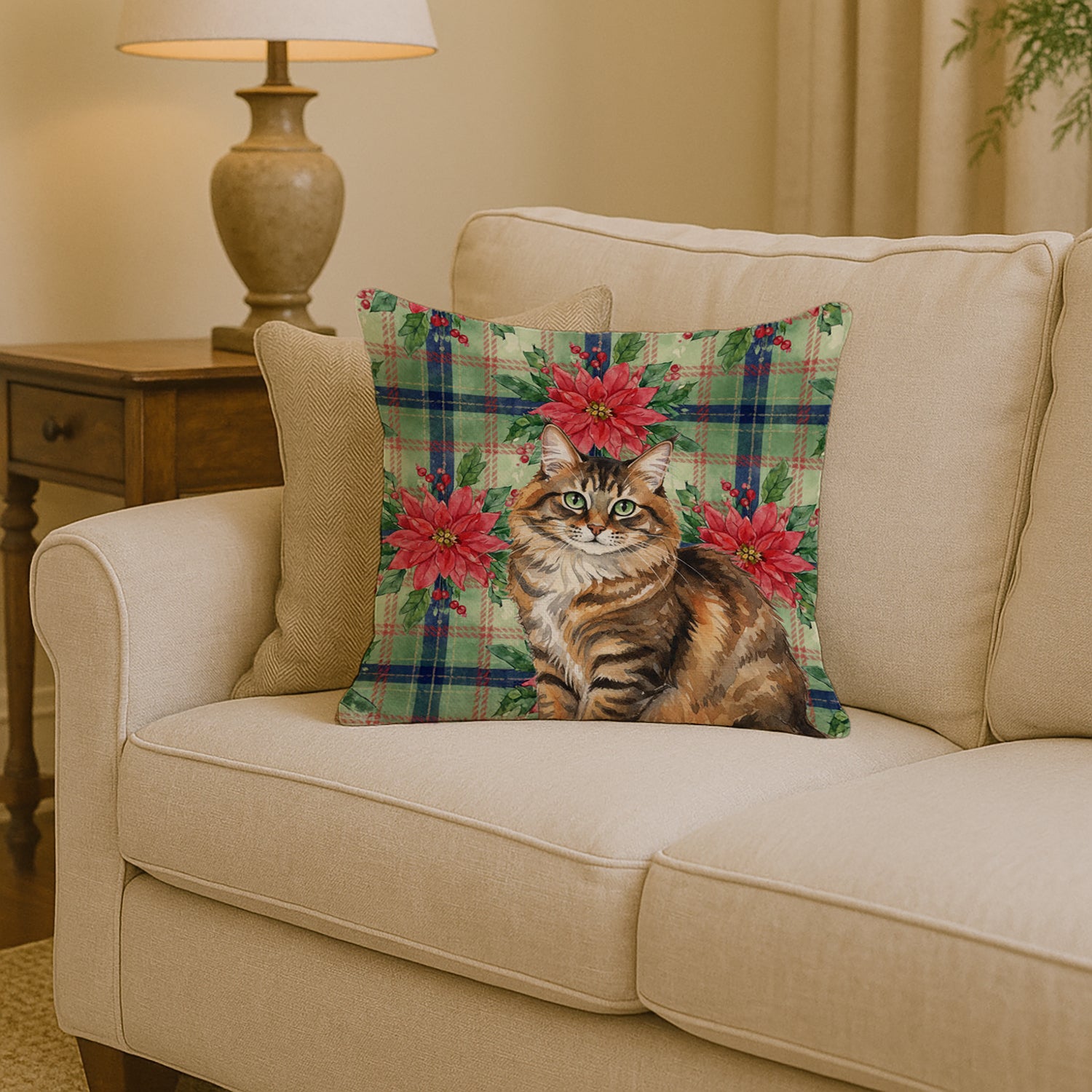 Caroline's Treasures Norwegian Forest Cat Brown Tabby Cat with Poinsettias Throw Pillow