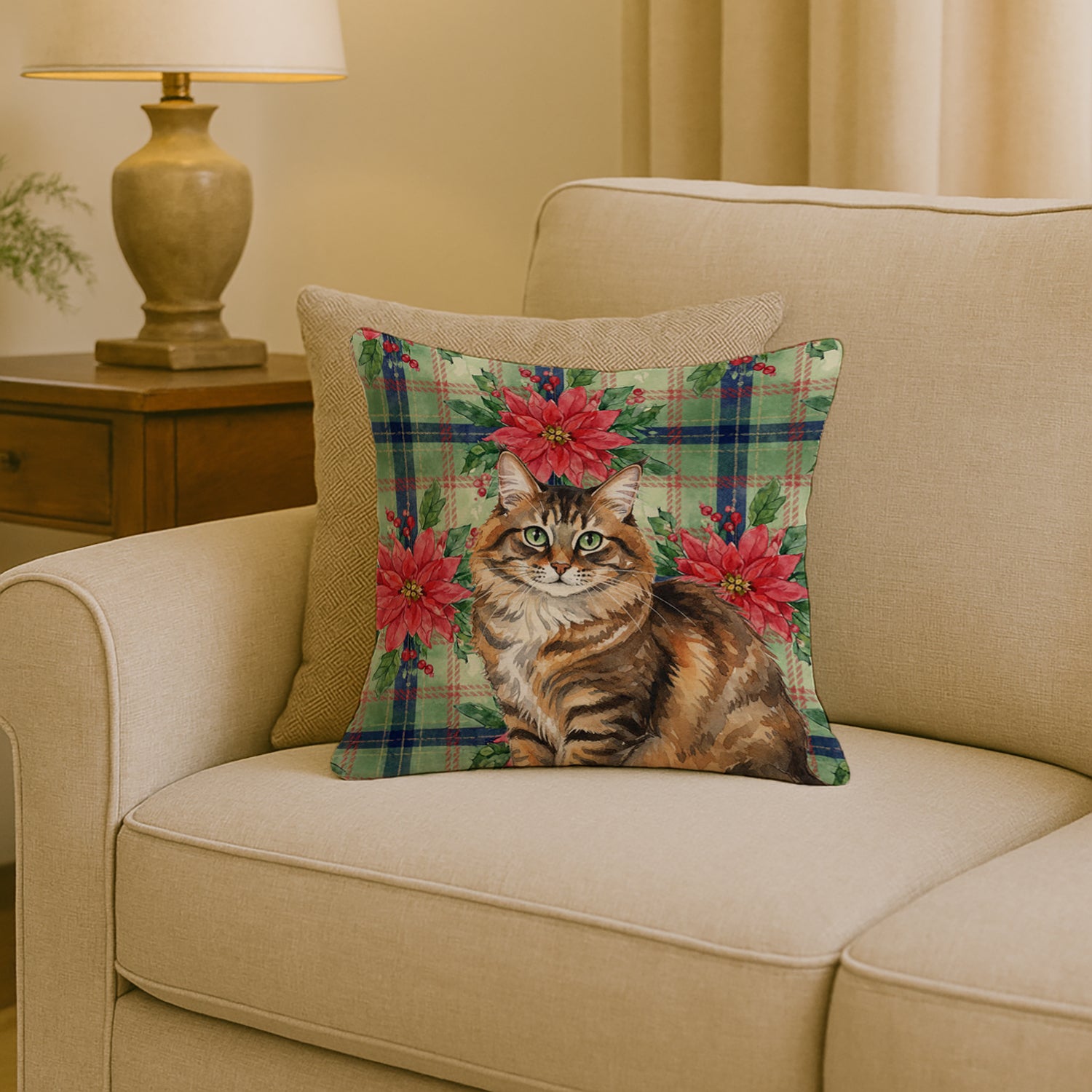 Caroline's Treasures Norwegian Forest Cat Brown Tabby Cat with Poinsettias Throw Pillow