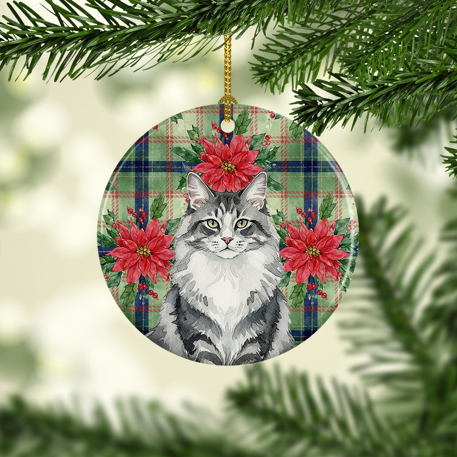 Caroline's Treasures Norwegian Forest Cat Gray and White Cat with Poinsettias Ceramic Ornament