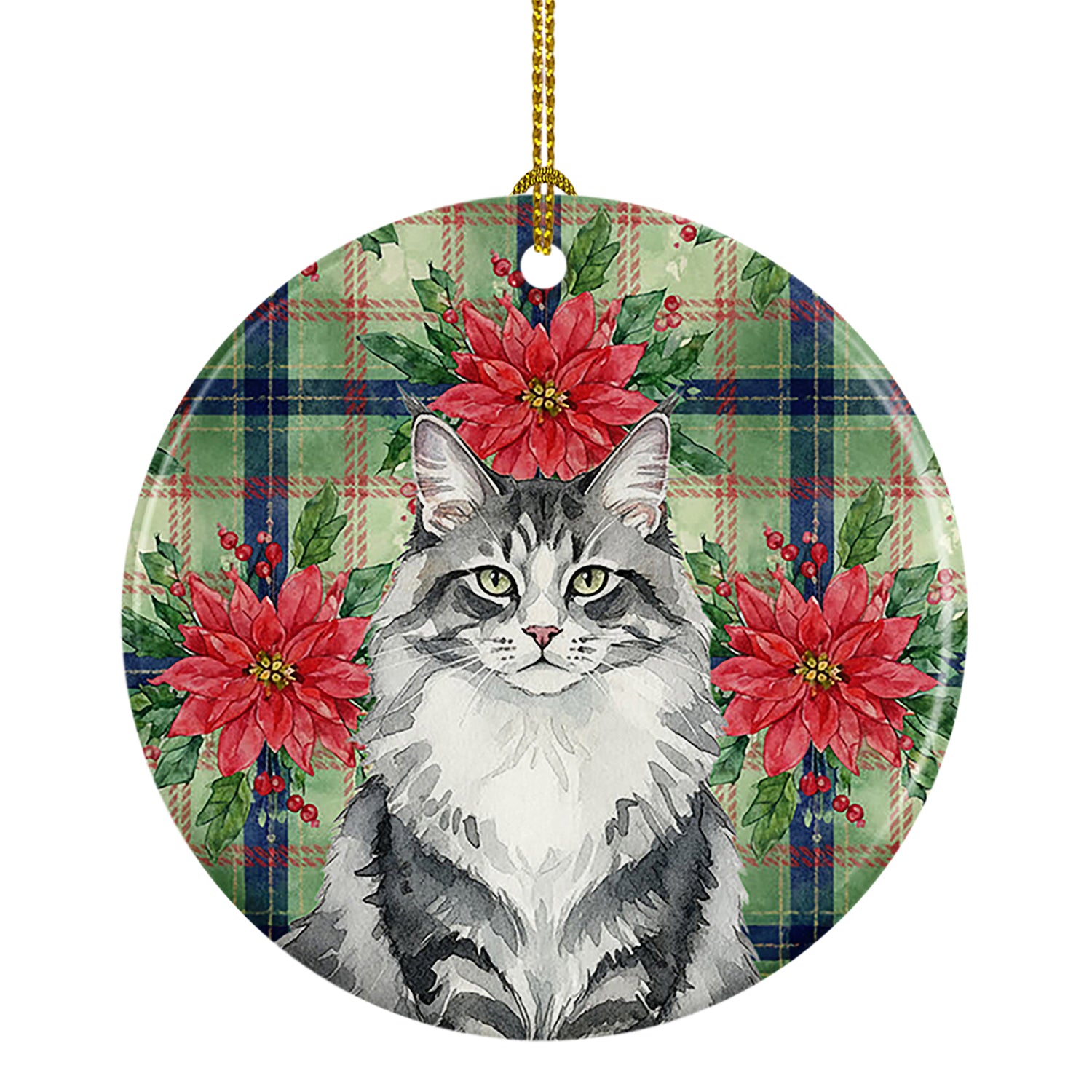 Caroline's Treasures Norwegian Forest Cat Gray and White Cat with Poinsettias Ceramic Ornament