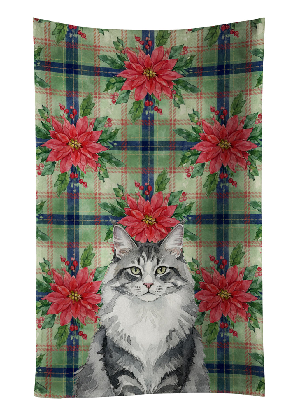 Caroline's Treasures Norwegian Forest Cat Gray and White Cat with Poinsettias Kitchen Towel
