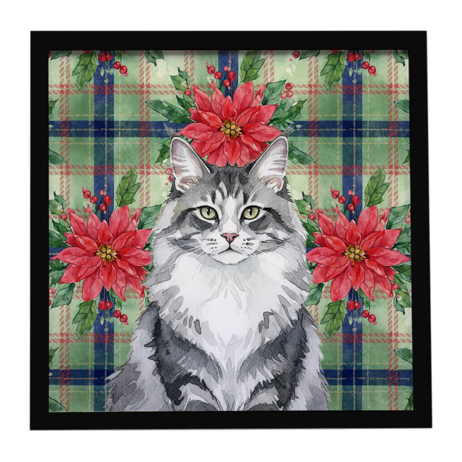 Caroline's Treasures Norwegian Forest Cat Gray and White Cat with Poinsettias Framed Metal Print