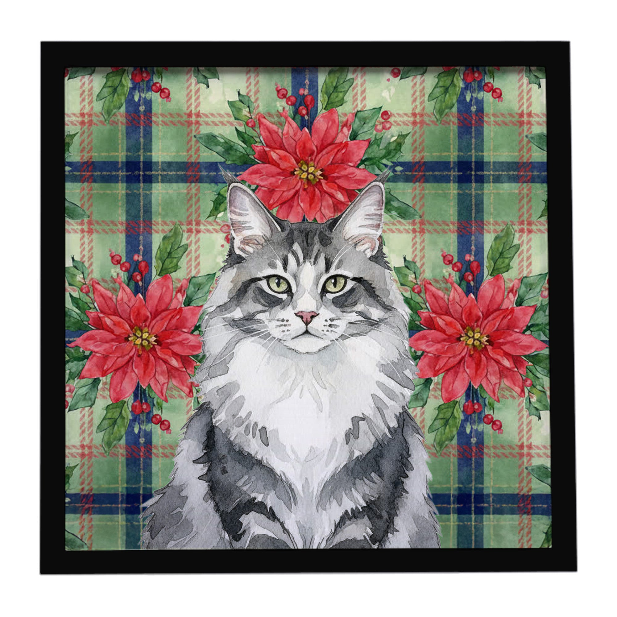 Caroline's Treasures Norwegian Forest Cat Gray and White Cat with Poinsettias Framed Metal Print