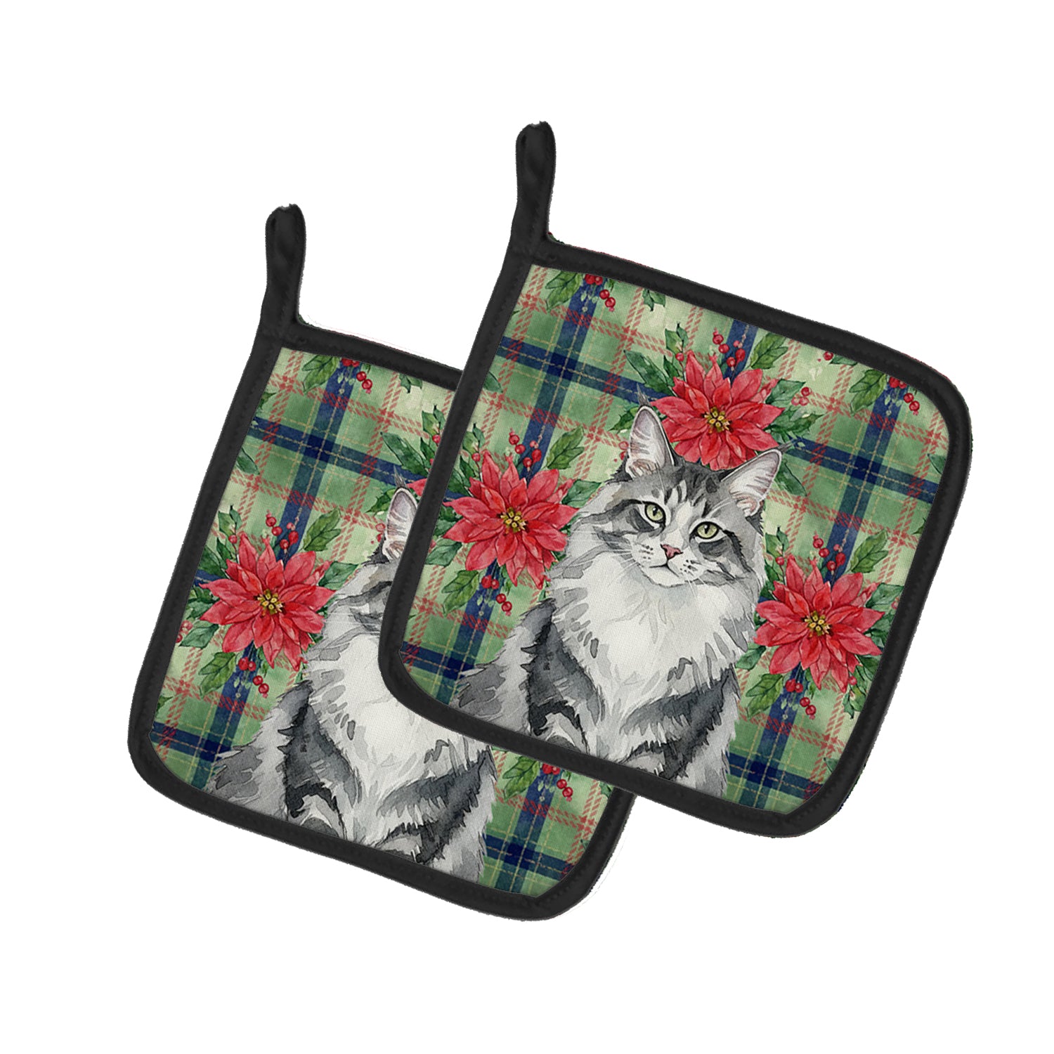Caroline's Treasures Norwegian Forest Cat Gray and White Cat with Poinsettias Pair of Pot Holders
