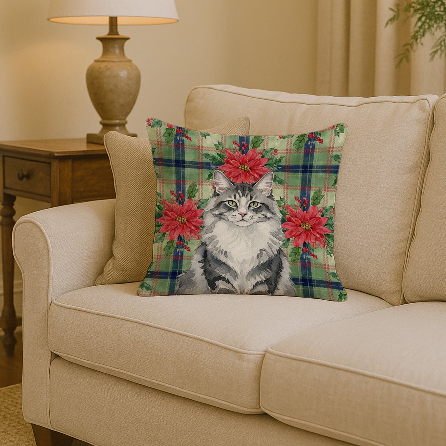 Caroline's Treasures Norwegian Forest Cat Gray and White Cat with Poinsettias Throw Pillow
