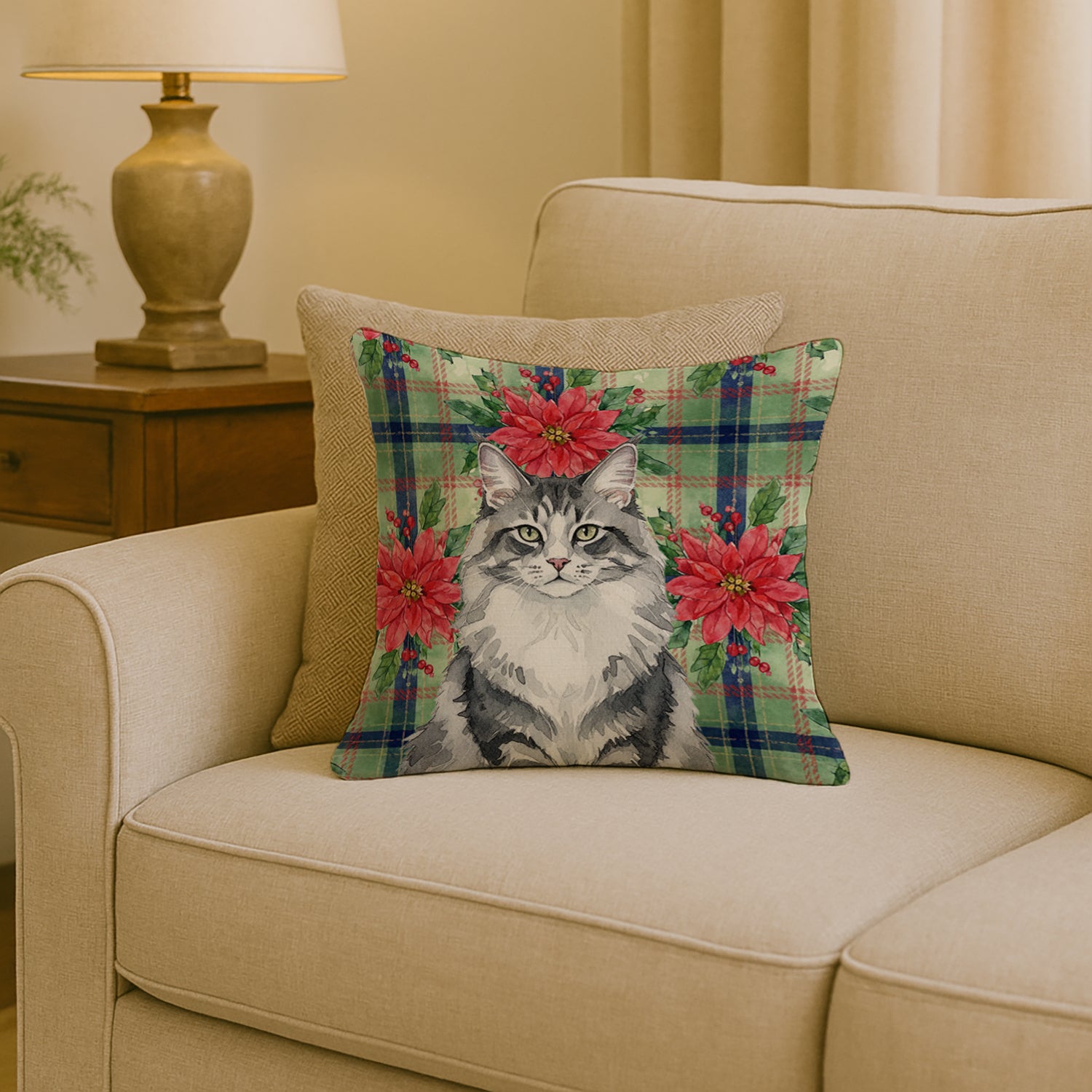 Caroline's Treasures Norwegian Forest Cat Gray and White Cat with Poinsettias Throw Pillow