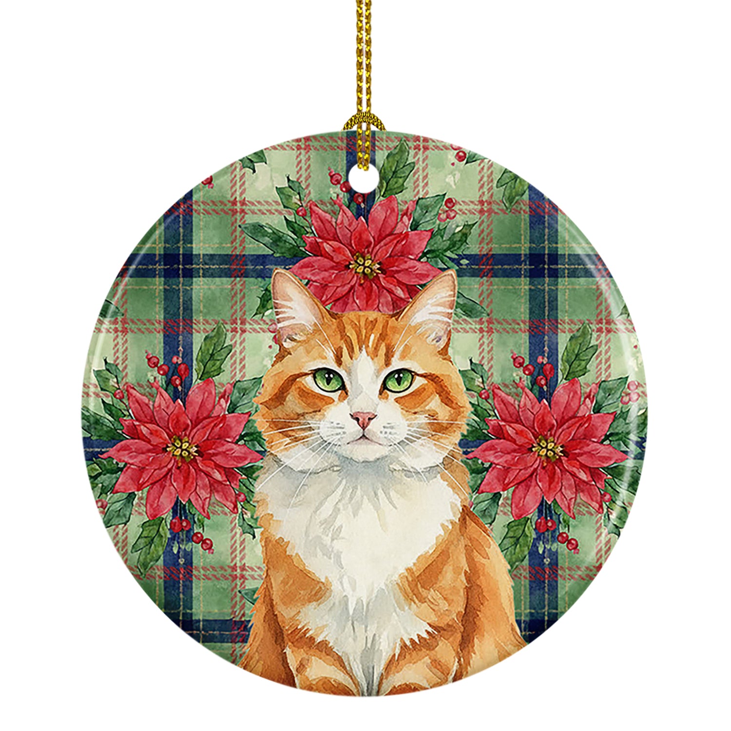 Caroline's Treasures Orange and White Cat with Poinsettias Ceramic Ornament