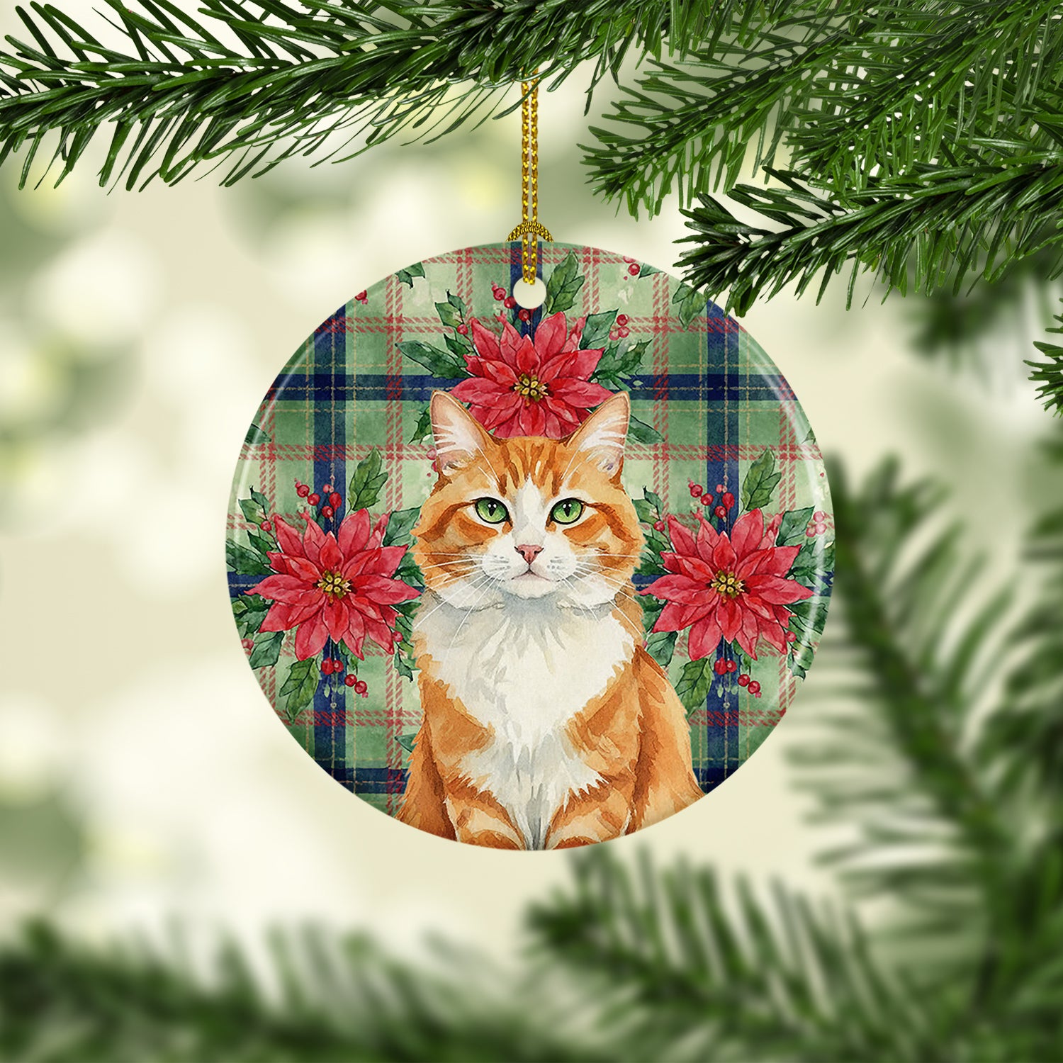 Caroline's Treasures Orange and White Cat with Poinsettias Ceramic Ornament
