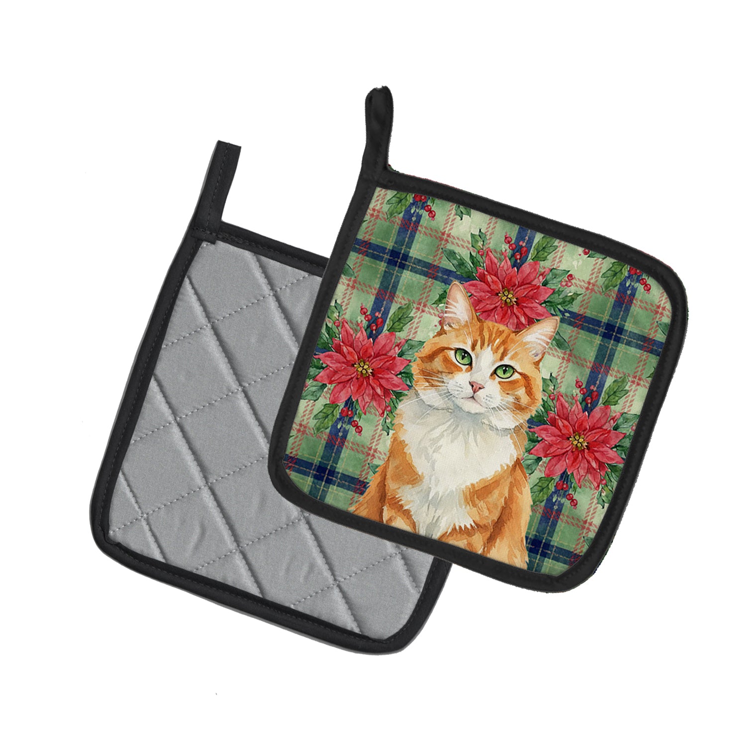 Caroline's Treasures Orange and White Cat with Poinsettias Pair of Pot Holders