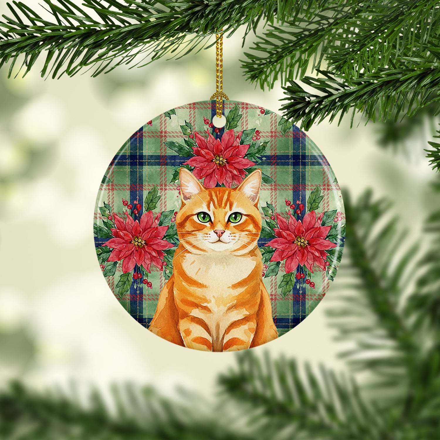 Caroline's Treasures Orange Classic Tabby Cat with Poinsettias Ceramic Ornament
