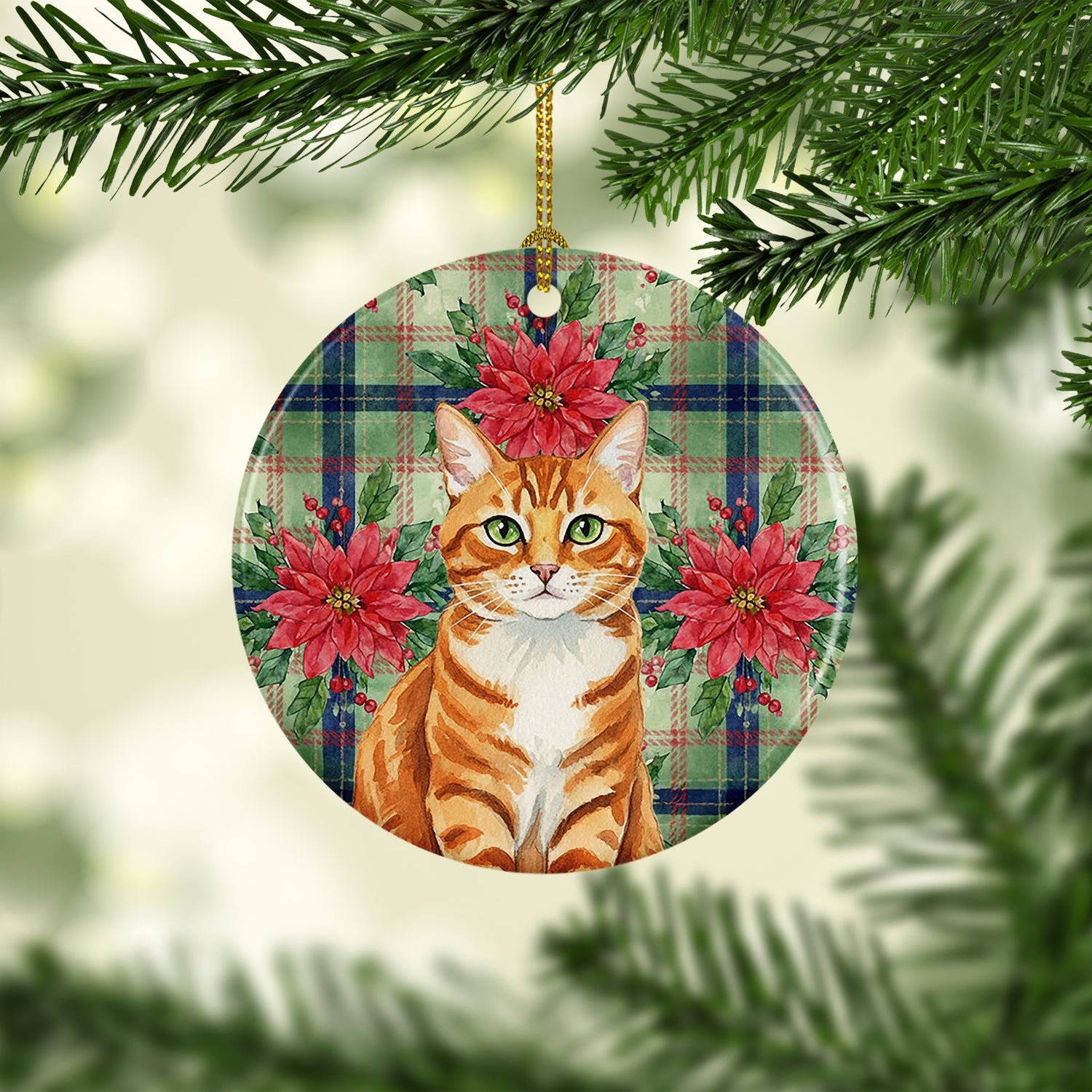 Caroline's Treasures Orange Mackerel Tabby Cat with Poinsettias Ceramic Ornament