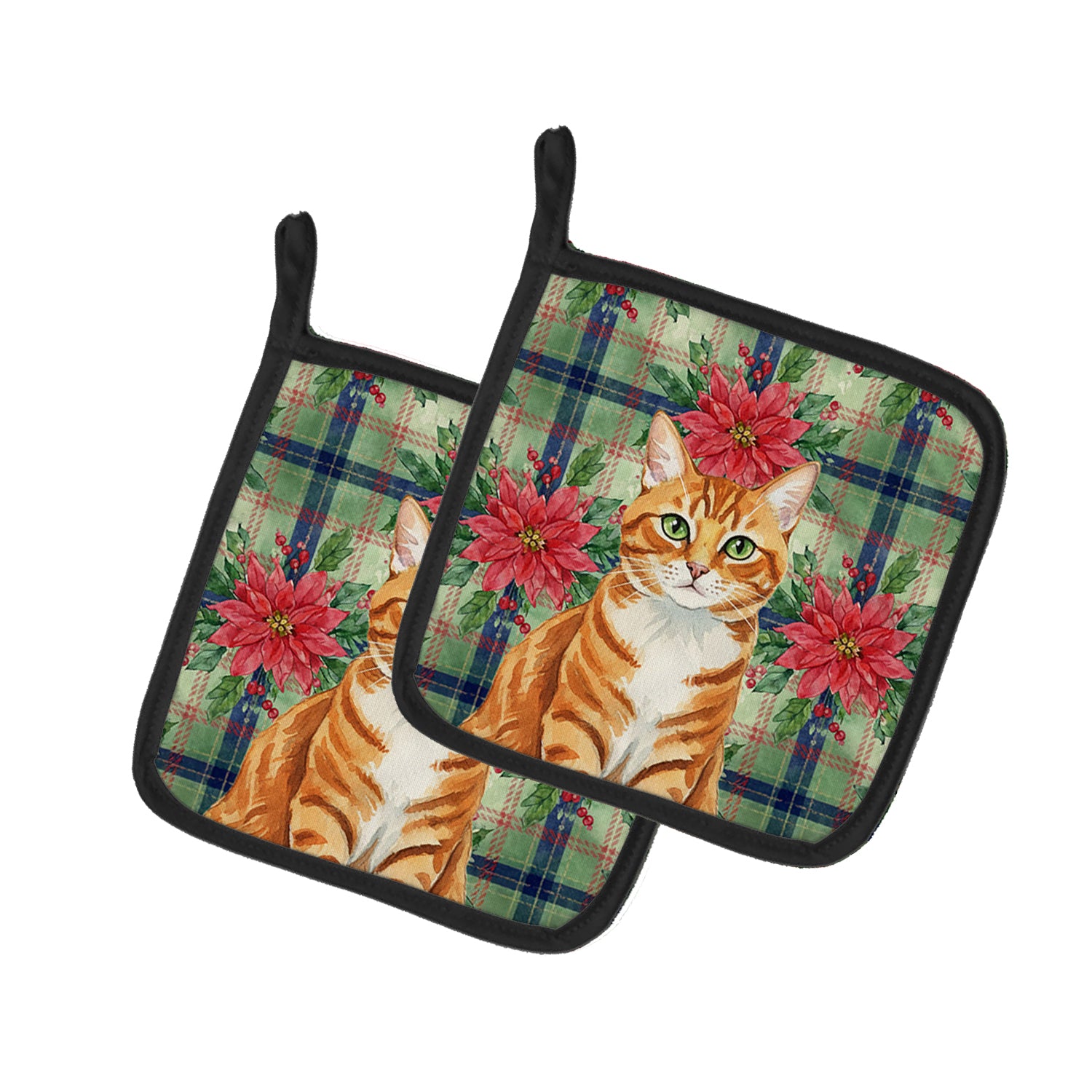 Caroline's Treasures Orange Mackerel Tabby Cat with Poinsettias Pair of Pot Holders