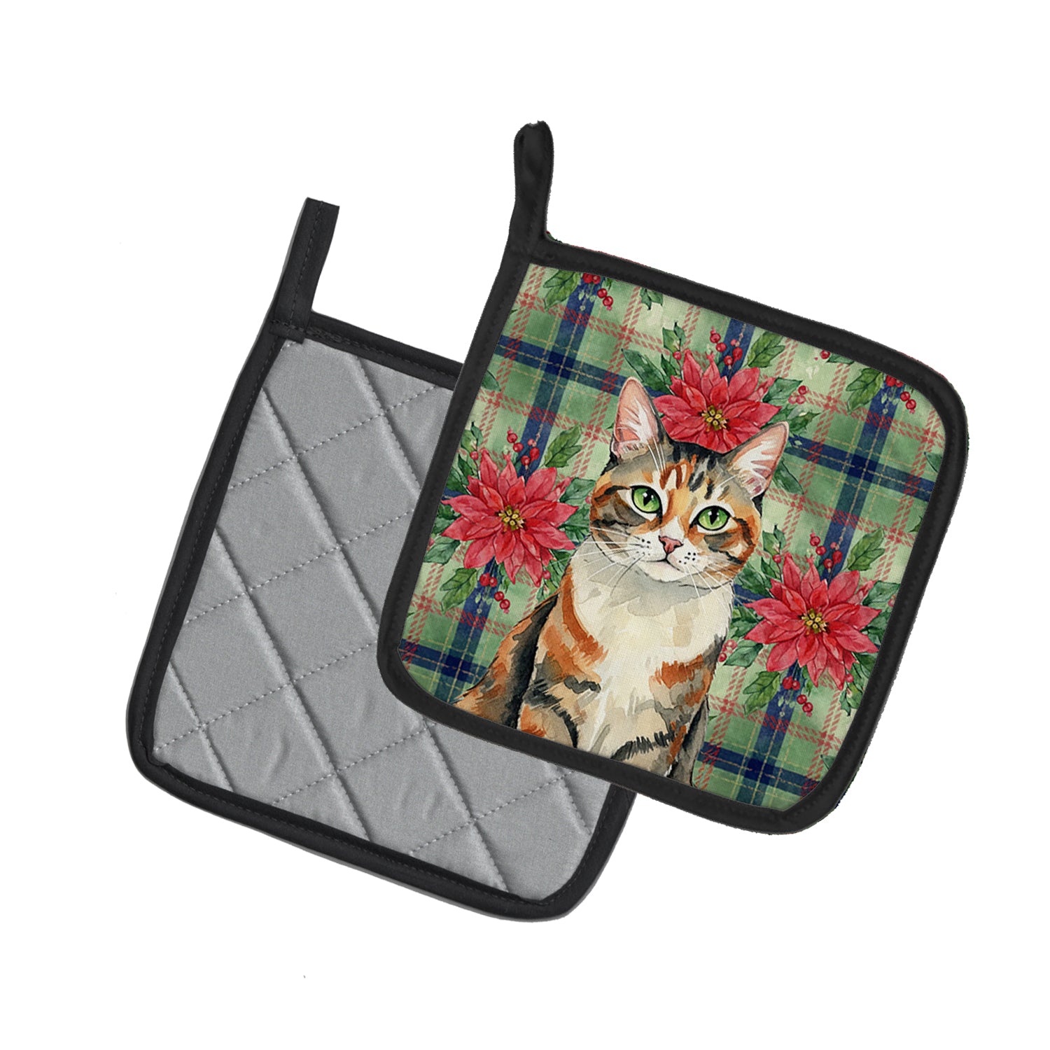 Caroline's Treasures Patched Tabby Cat with Poinsettias Pair of Pot Holders