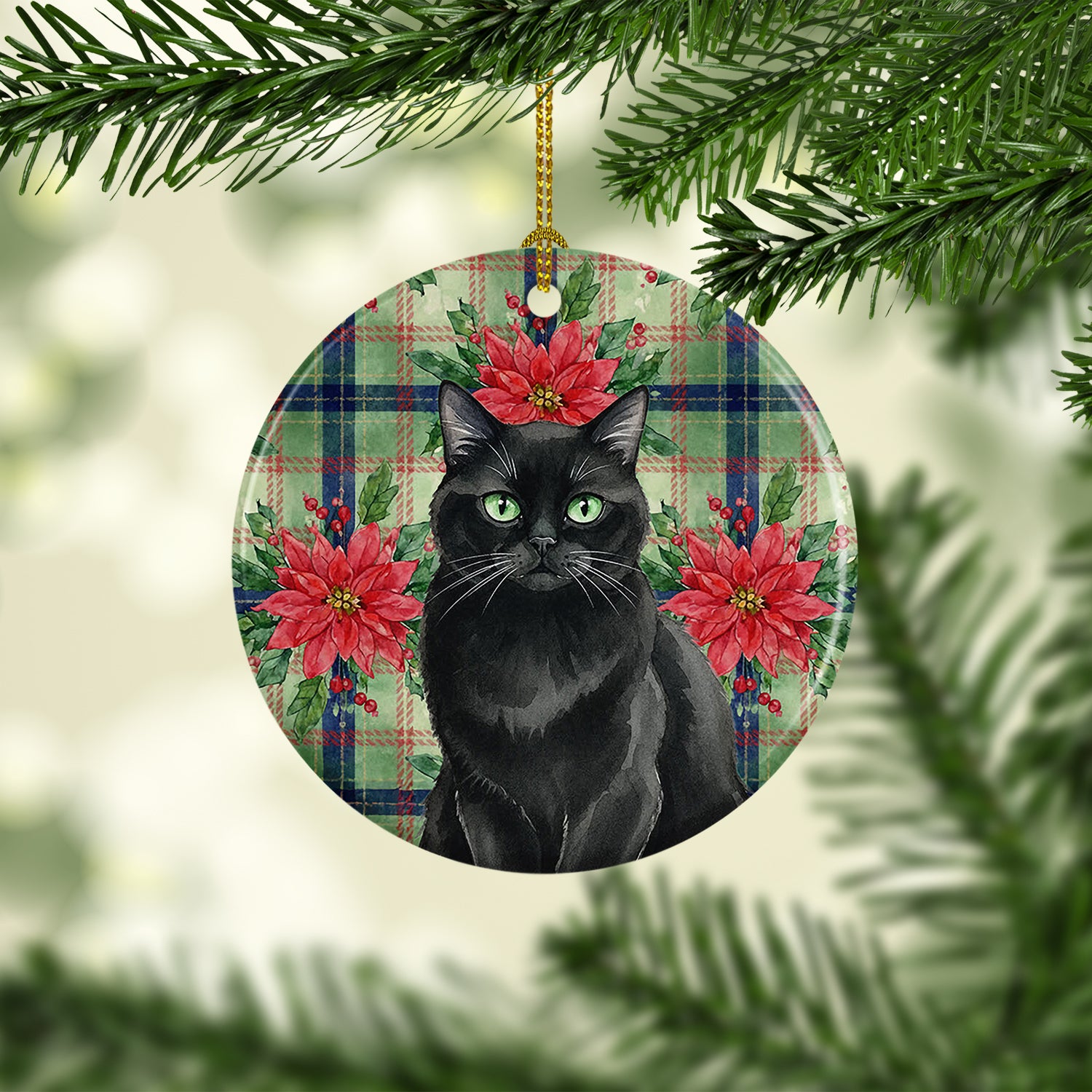 Caroline's Treasures Persian Black Cat with Poinsettias Ceramic Ornament